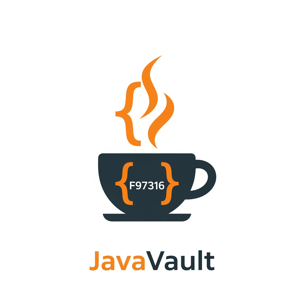 AI Design for A professional minimalist app logo for "JavaVault" on a pure white background.

Design concept: A stylized coffee cup where the steam rising from the top is shaped like curly braces { }. The cup is clean and flat with no gradients on the cup body itself — solid dark charcoal (#2D3748) silhouette. The two curly brace steam wisps { } are drawn in a warm orange color (#F97316) rising elegantly above the cup rim, slightly organic and flowing to simulate steam movement, but clearly recognizable as code curly braces.

Style: Flat vector icon, minimal, modern, no shadows, no outlines, no 3D effects. Clean geometric shapes. Professional SaaS app icon style similar to Notion, Linear, or Vercel icon design language.

Color palette: 
- Cup body: Deep charcoal #1C1917 or #292524
- Steam curly braces: Vibrant orange #F97316
- Background: Pure white #FFFFFF
- No other colors

Show two versions side by side:
1. Icon only (square format, suitable for favicon/app icon)
2. Icon + wordmark: The icon on the left, then the text "Java" in orange #F97316 bold weight, followed by "Vault" in dark charcoal #1C1917 bold weight. Font should be clean, modern, geometric sans-serif similar to Inter or Geist.

The overall feel should be: developer-first, clean, iconic, memorable. NOT cartoonish. NOT gradients. Think icon that would look great at 32x32px on a browser tab and also at 200px in a navbar.

No decorative elements, no badges, no background colors, no drop shadows. Pure flat design.