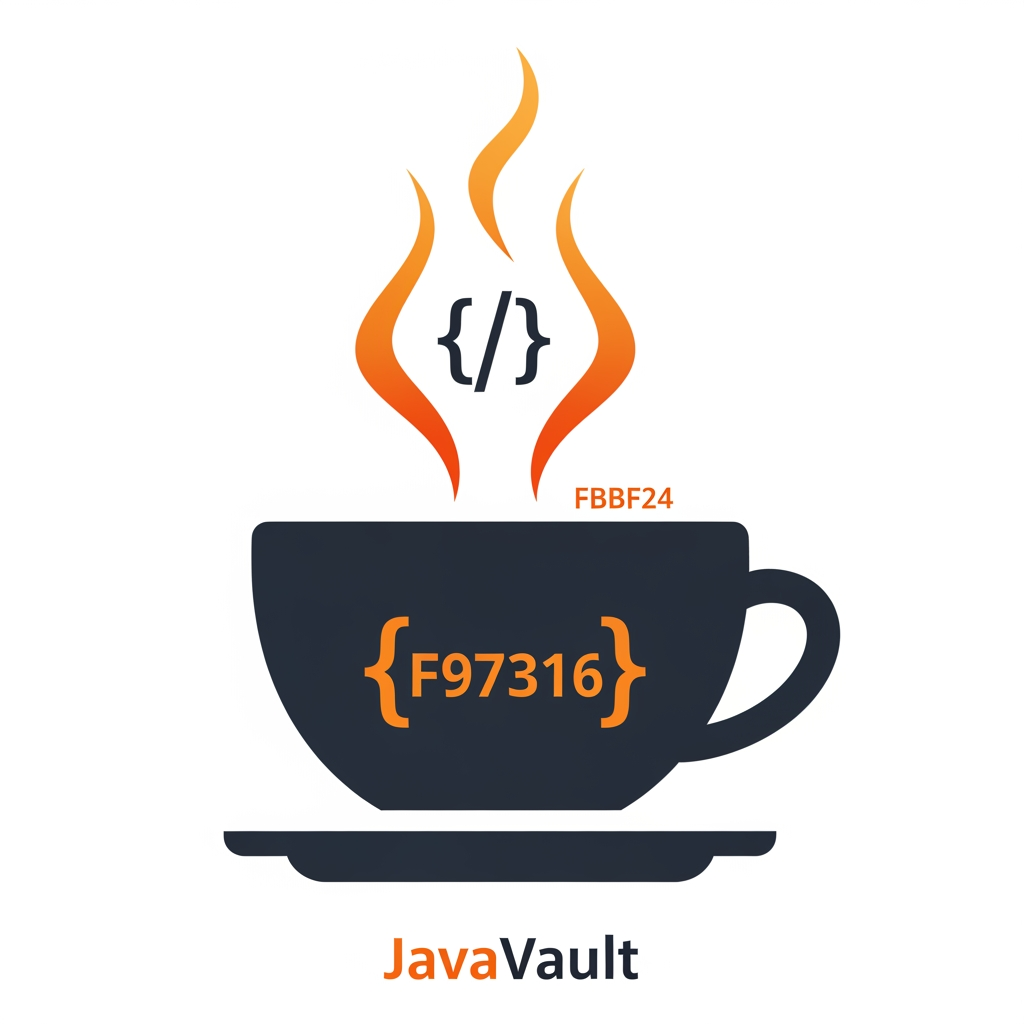 AI Design for A professional minimalist app logo for "JavaVA professional flat vector logo for "JavaVault" — a Java programming learning platform.

Design: A minimalist coffee cup (espresso/cappuccino style) on a saucer. 
The cup body is dark charcoal (#1C2333). On the front face of the cup, 
the symbol { } (curly braces) is printed in orange (#F97316) — bold, 
clean, centered, easily readable. Above the cup, two flowing steam wisps 
rise upward, each steam wisp is shaped like a single curly brace { } — 
organic, flowing, but clearly identifiable as code brackets. The steam 
color transitions from orange (#F97316) at the base to a lighter amber 
(#FBBF24) at the tips.

Style: Flat vector, no gradients on the cup, no drop shadows, no outlines, 
no 3D. Clean geometric shapes. Professional icon style.

Color palette:
- Cup + saucer: #1C2333 (very dark navy-charcoal)
- Curly braces on cup: #F97316 (orange)
- Steam wisps: #F97316 to #FBBF24 (orange to amber)
- Background: Pure white #FFFFFF

Show TWO versions stacked vertically:
1. TOP — Icon only (square 1:1 format). Cup + saucer + { } on cup + 
   two { } shaped steam wisps. Suitable for favicon at 32px.
2. BOTTOM — Icon + horizontal wordmark. Same icon on the left. 
   To the right: text "Java" in bold orange #F97316 followed immediately 
   by "Vault" in bold dark #1C2333. Font: geometric sans-serif, 
   similar to Inter Black or Geist Bold. No space between Java and Vault.

The icon must be recognizable and clean at 32x32px (favicon size). 
No decorative elements. No badges. No extra icons. Pure flat design. 
White background only.
ault" on a pure white background.

Design concept: A stylized coffee cup where the steam rising from the top is shaped like curly braces { }. The cup is clean and flat with no gradients on the cup body itself — solid dark charcoal (#2D3748) silhouette. The two curly brace steam wisps { } are drawn in a warm orange color (#F97316) rising elegantly above the cup rim, slightly organic and flowing to simulate steam movement, but clearly recognizable as code curly braces.

Style: Flat vector icon, minimal, modern, no shadows, no outlines, no 3D effects. Clean geometric shapes. Professional SaaS app icon style similar to Notion, Linear, or Vercel icon design language.

Color palette: 
- Cup body: Deep charcoal #1C1917 or #292524
- Steam curly braces: Vibrant orange #F97316
- Background: Pure white #FFFFFF
- No other colors

Show two versions side by side:
1. Icon only (square format, suitable for favicon/app icon)
2. Icon + wordmark: The icon on the left, then the text "Java" in orange #F97316 bold weight, followed by "Vault" in dark charcoal #1C1917 bold weight. Font should be clean, modern, geometric sans-serif similar to Inter or Geist.

The overall feel should be: developer-first, clean, iconic, memorable. NOT cartoonish. NOT gradients. Think icon that would look great at 32x32px on a browser tab and also at 200px in a navbar.

No decorative elements, no badges, no background colors, no drop shadows. Pure flat design.