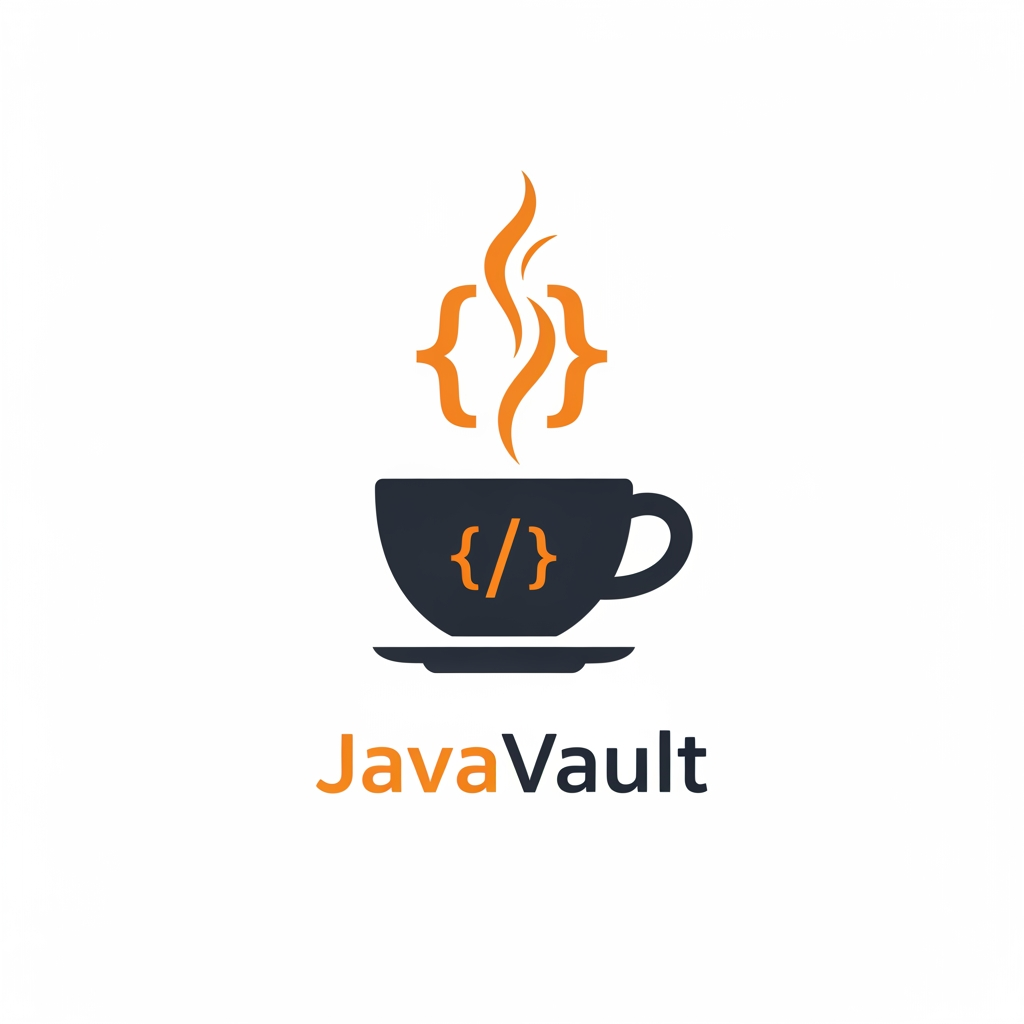 AI Design for A professional minimalist app logo for "JavaVault" on a pure white background.

Design concept: A stylized coffee cup where the steam rising from the top is shaped like curly braces { }. The cup is clean and flat with no gradients on the cup body itself — solid dark charcoal (#2D3748) silhouette. The two curly brace steam wisps { } are drawn in a warm orange color (#F97316) rising elegantly above the cup rim, slightly organic and flowing to simulate steam movement, but clearly recognizable as code curly braces.

Style: Flat vector icon, minimal, modern, no shadows, no outlines, no 3D effects. Clean geometric shapes. Professional SaaS app icon style similar to Notion, Linear, or Vercel icon design language.

Color palette: 
- Cup body: Deep charcoal #1C1917 or #292524
- Steam curly braces: Vibrant orange #F97316
- Background: Pure white #FFFFFF
- No other colors

Show two versions side by side:
1. Icon only (square format, suitable for favicon/app icon)
2. Icon + wordmark: The icon on the left, then the text "Java" in orange #F97316 bold weight, followed by "Vault" in dark charcoal #1C1917 bold weight. Font should be clean, modern, geometric sans-serif similar to Inter or Geist.

The overall feel should be: developer-first, clean, iconic, memorable. NOT cartoonish. NOT gradients. Think icon that would look great at 32x32px on a browser tab and also at 200px in a navbar.

No decorative elements, no badges, no background colors, no drop shadows. Pure flat design.