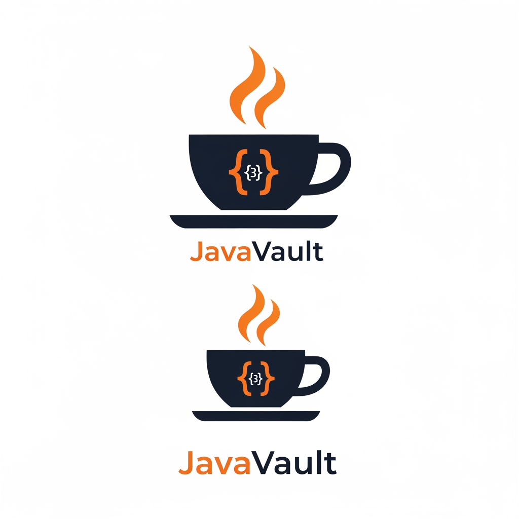 AI Design for A professional flat vector logo for "JavaVault" — a Java programming learning platform.

Design: A minimalist coffee cup (espresso/cappuccino style) on a saucer. 
The cup body is dark charcoal (#1C2333). On the front face of the cup, 
the symbol { } (curly braces) is printed in orange (#F97316) — bold, 
clean, centered, easily readable. Above the cup, two flowing steam wisps 
rise upward, each steam wisp is shaped like a single curly brace { } — 
organic, flowing, but clearly identifiable as code brackets. The steam 
color transitions from orange (#F97316) at the base to a lighter amber 
(#FBBF24) at the tips.

Style: Flat vector, no gradients on the cup, no drop shadows, no outlines, 
no 3D. Clean geometric shapes. Professional icon style.

Color palette:
- Cup + saucer: #1C2333 (very dark navy-charcoal)
- Curly braces on cup: #F97316 (orange)
- Steam wisps: #F97316 to #FBBF24 (orange to amber)
- Background: Pure white #FFFFFF

Show TWO versions stacked vertically:
1. TOP — Icon only (square 1:1 format). Cup + saucer + { } on cup + 
   two { } shaped steam wisps. Suitable for favicon at 32px.
2. BOTTOM — Icon + horizontal wordmark. Same icon on the left. 
   To the right: text "Java" in bold orange #F97316 followed immediately 
   by "Vault" in bold dark #1C2333. Font: geometric sans-serif, 
   similar to Inter Black or Geist Bold. No space between Java and Vault.

The icon must be recognizable and clean at 32x32px (favicon size). 
No decorative elements. No badges. No extra icons. Pure flat design. 
White background only.