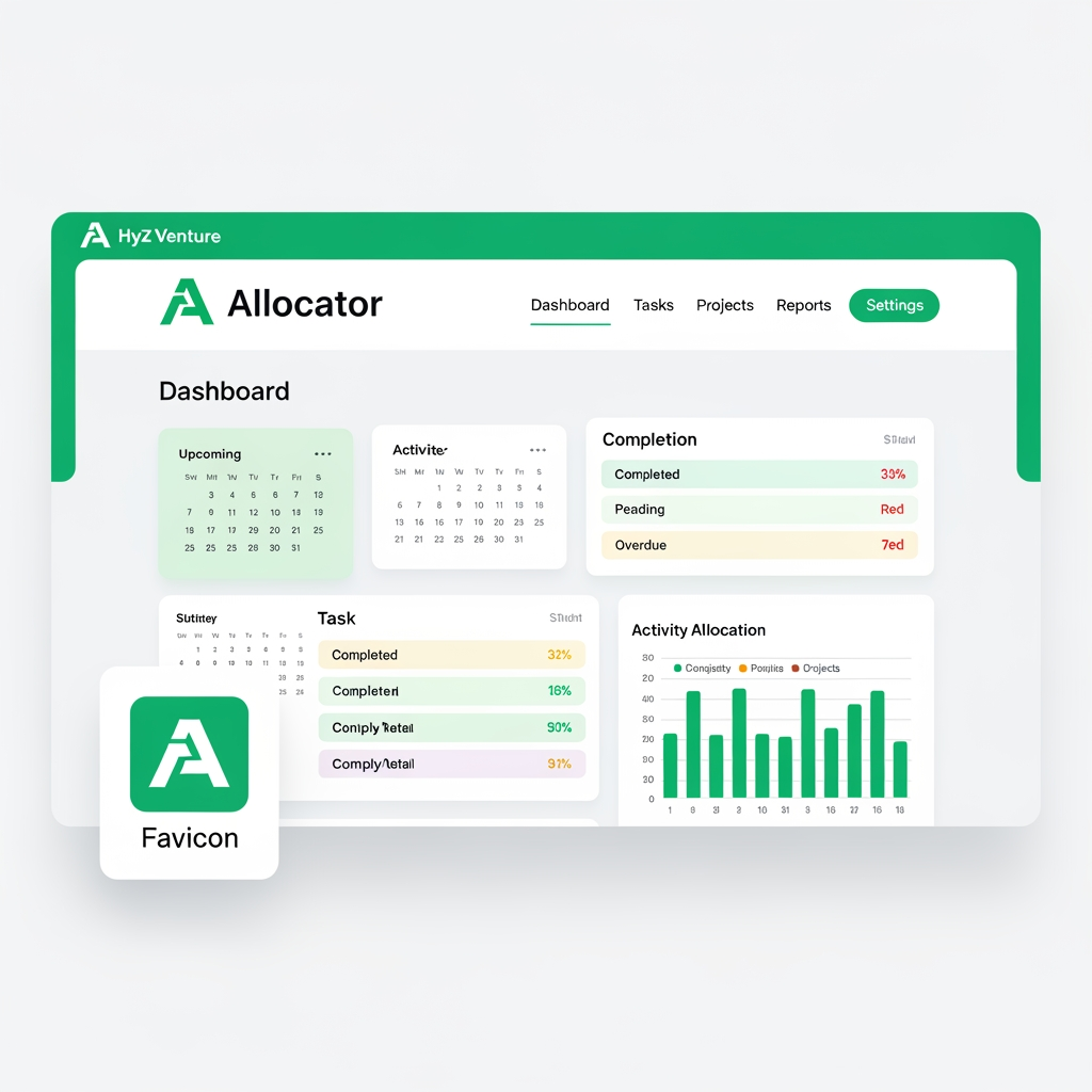 AI Design for Allocator 

Details : It is an Activity management system like TMS. Daily doing office activities are entering in this website.

1.  Color green or blue like Hyz venture logo colors. Choose any one colour.
2.  Simple and unique logo.
3.  Create Logo and create logo icon (for favicon icon).