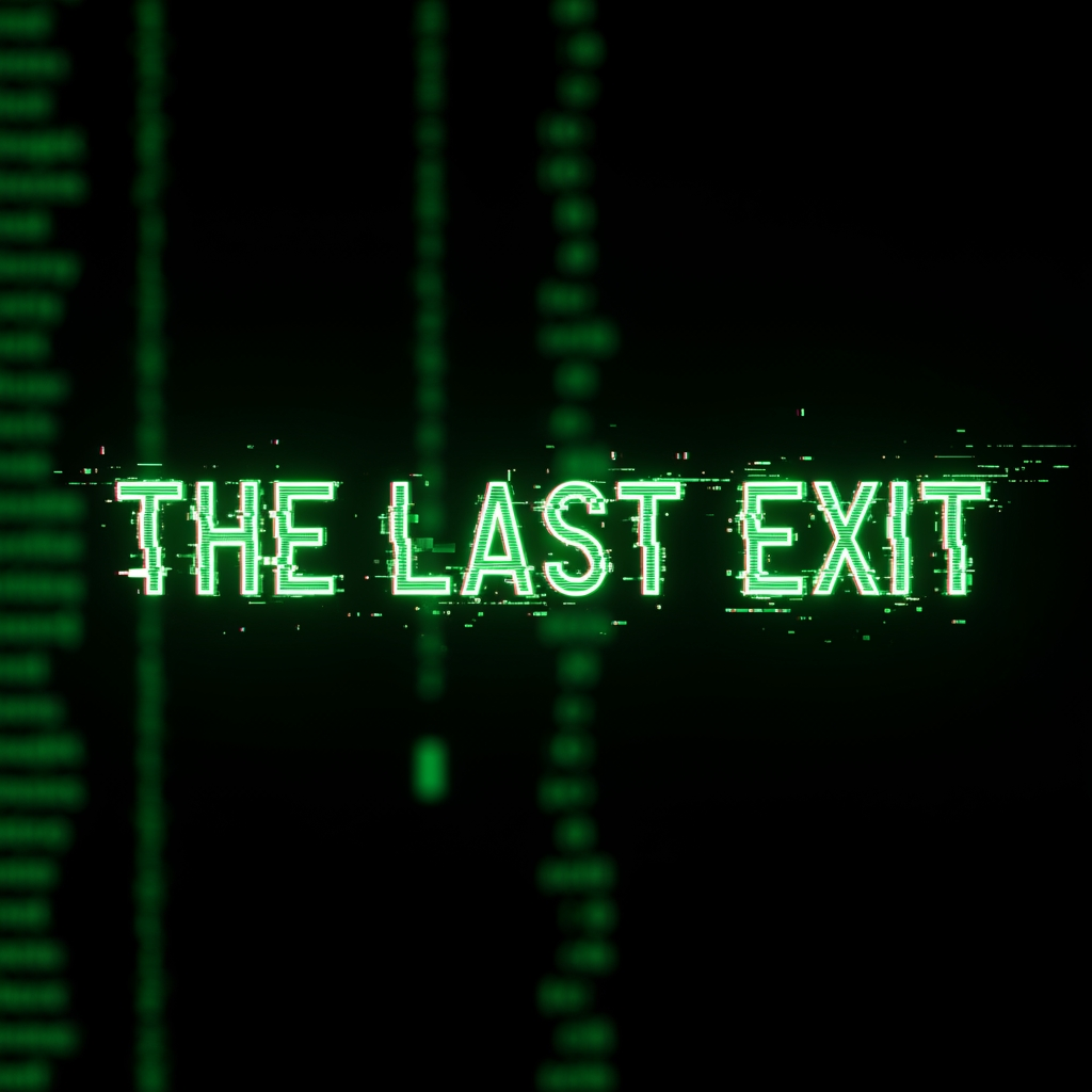AI Design for Name on logo The Last Exit. I need you to make it like its part of the code, like its green colored whith glitched effects