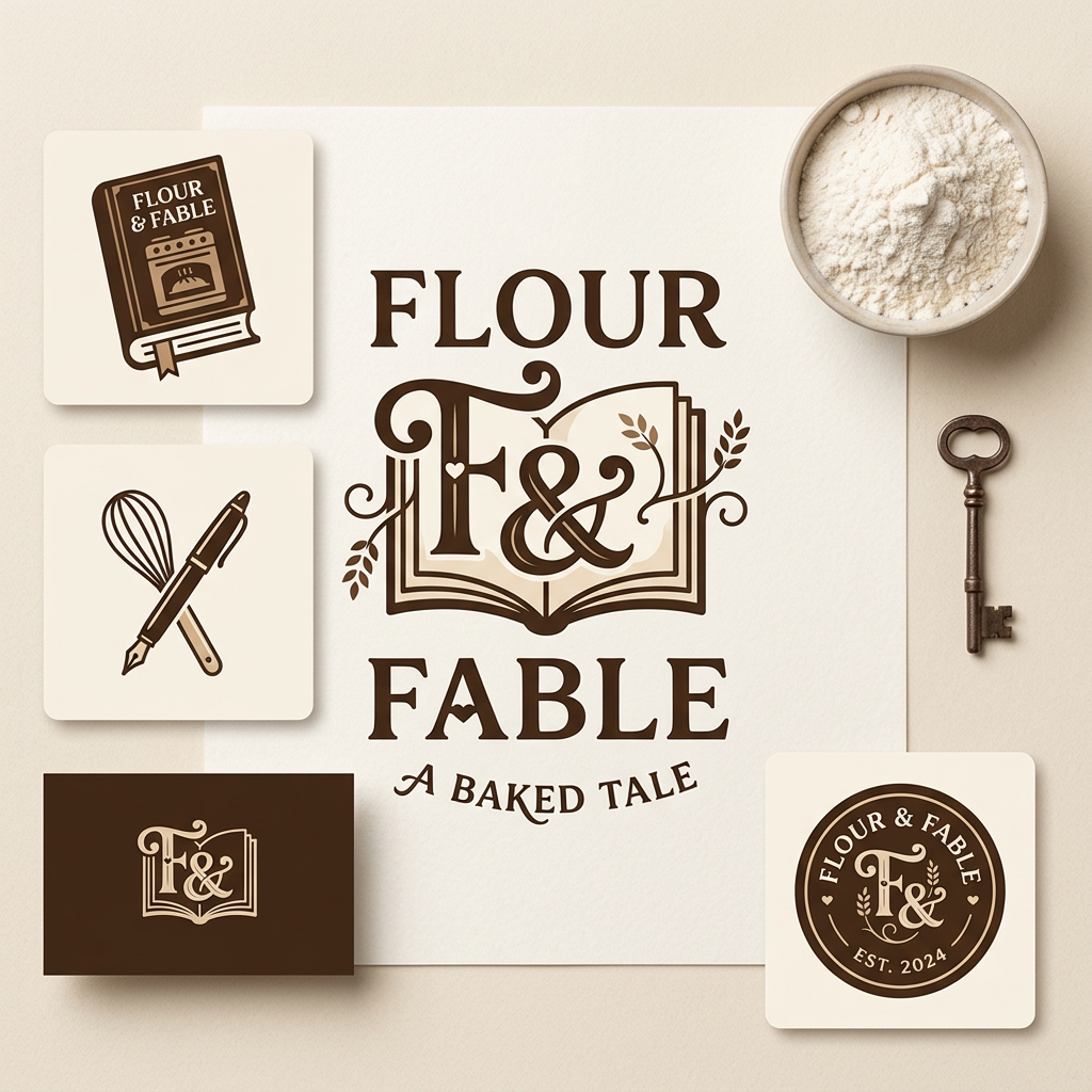AI Design for a logo for my dessert brand FLOUR & FABLE with the inspos shown in image