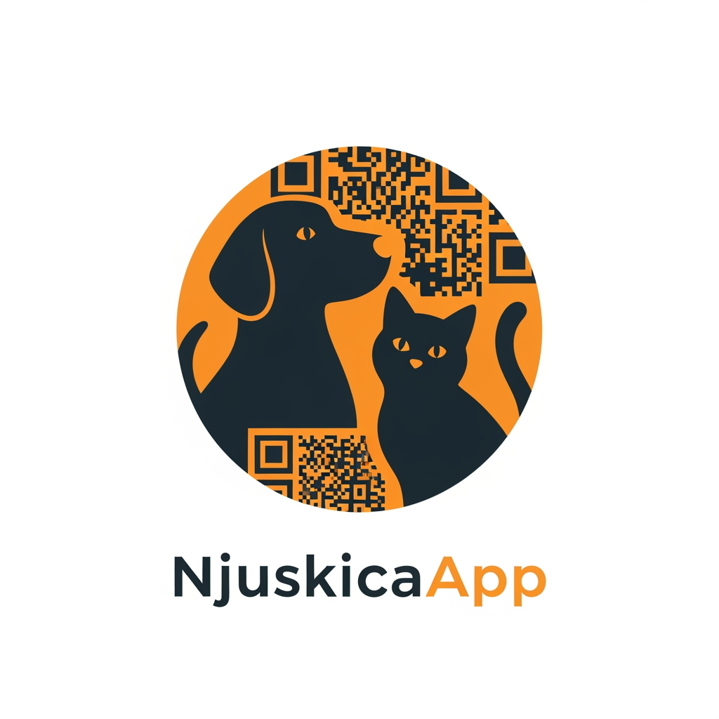AI Design for Modern minimalist logo for NjuskicaApp, app-icon style. Friendly dog and cat silhouettes in negative space, enclosed inside a perfectly symmetrical shield emblem (or circular badge). Integrated subtle QR-code geometry seamlessly built into the icon. Flat vector, bold clean lines, orange and charcoal colors, premium SaaS branding, Dribbble quality, no text, no open shapes, strong geometric balance, scalable favicon and mobile app icon.