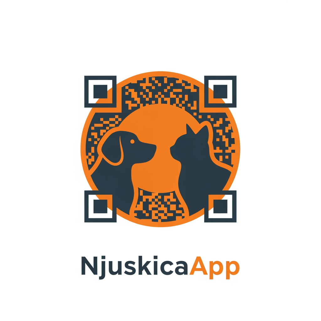 AI Design for Modern minimalist logo for NjuskicaApp, app-icon style. Friendly dog and cat silhouettes in negative space, enclosed inside a perfectly symmetrical shield emblem (or circular badge). Integrated subtle QR-code geometry seamlessly built into the icon. Flat vector, bold clean lines, orange and charcoal colors, premium SaaS branding, Dribbble quality, no text, no open shapes, strong geometric balance, scalable favicon and mobile app icon.