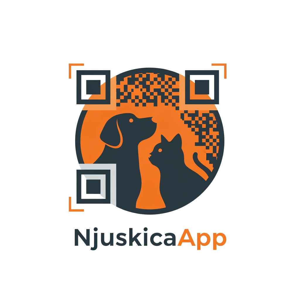 AI Design for Modern minimalist logo for NjuskicaApp, app-icon style. Friendly dog and cat silhouettes in negative space, enclosed inside a perfectly symmetrical shield emblem (or circular badge). Integrated subtle QR-code geometry seamlessly built into the icon. Flat vector, bold clean lines, orange and charcoal colors, premium SaaS branding, Dribbble quality, no text, no open shapes, strong geometric balance, scalable favicon and mobile app icon.