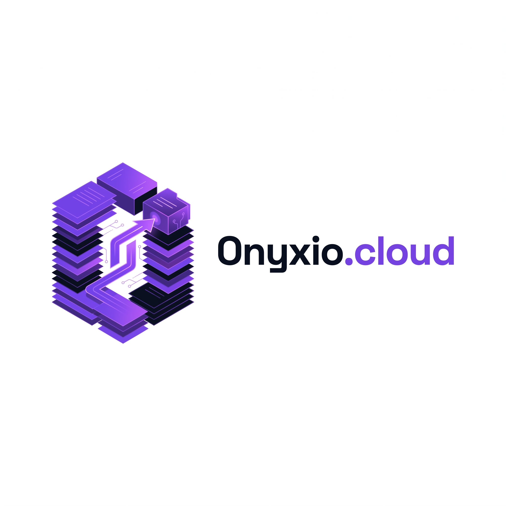 AI Design for Design a premium and highly memorable logo for "Onyxio.cloud", a Document Archival & Retrieval System (DARS) platform.

Instead of using generic cloud icons, create a unique abstract symbol that combines the concepts of:

• Digital document archiving
• Intelligent search and retrieval
• Organized data storage
• Secure records management
• AI-powered information access

The icon should feature stacked document layers transforming into a modern geometric "O" shape through negative space. Integrate subtle visual elements inspired by indexed files, document folders, data blocks, and search pathways. The design should communicate the idea of finding the right document instantly from a massive archive.

Color Palette:
• Primary: #7C3AED (Vibrant Purple)
• Secondary: #0A0D16 (Deep Space Black)

Typography:
• Text: Onyxio.cloud
• Font Family: Space Grotesk
• Modern geometric sans-serif
• Premium enterprise software branding

Style:
• Flat vector logo
• Clean white background
• Minimalist and futuristic
• Enterprise SaaS aesthetic
• Scalable for favicon, dashboard, mobile app, and website
• Strong negative space usage
• No generic cloud icons
• No shields, locks, or stock symbols

Visual Concept:
Imagine thousands of archived documents organized into intelligent layers, with one highlighted path leading instantly to the desired file. The icon should subtly form the letter "O" while representing document indexing, archival storage, and rapid retrieval.

Keywords:
Document Management System, DARS, Enterprise SaaS, Knowledge Base, Digital Archive, Smart Search, File Indexing, Data Retrieval, Information Architecture, Modern Tech Branding, Abstract Geometric Logo, Premium Vector Identity.