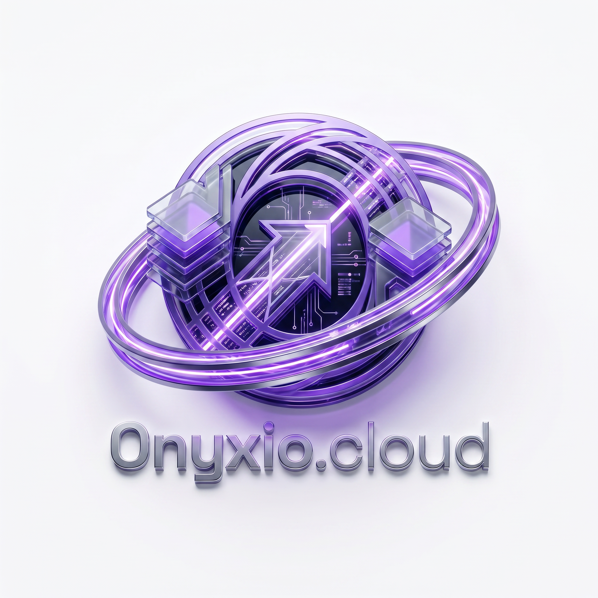 AI Design for A futuristic 3D logo for "Onyxio.cloud". The icon is a sophisticated digital archive vault made of stacked data panels. A glowing circular ring wraps around the archive, representing intelligent document search and retrieval. Premium glassmorphism, metallic purple gradients (#7C3AED), dark space accents (#0A0D16), clean white background, enterprise software branding, cinematic lighting, highly detailed 3D icon, modern SaaS identity.
