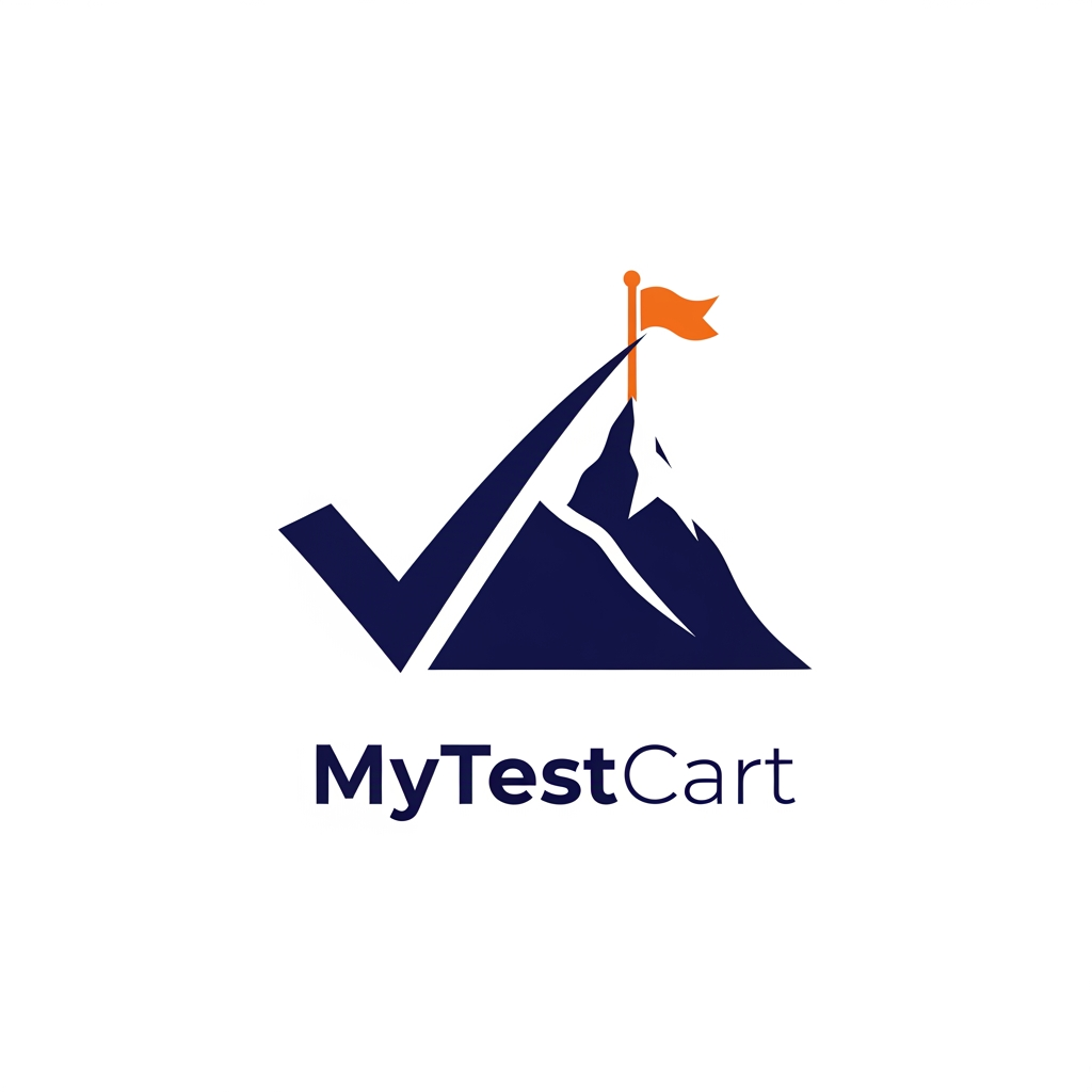 AI Design for Design a premium modern logo for "MyTestCart" inspired by the journey of preparing for and conquering a difficult exam.

Create a unique abstract symbol where a checkmark subtly transforms into a mountain peak or upward path leading to a summit flag.

The icon should represent:
- practice
- progress
- perseverance
- achievement

Avoid educational clichés such as books, pencils, graduation caps, and medical imagery.

Use elegant geometric shapes, smooth curves, and balanced proportions.

Typography should be clean, custom, and sophisticated with excellent kerning and spacing.

Color palette:
- Deep navy blue
- Vibrant orange accent
- White background

The logo should feel like a modern technology company rather than a coaching institute.

Minimalist vector branding style, suitable for app icons, website headers, social media, and product branding.