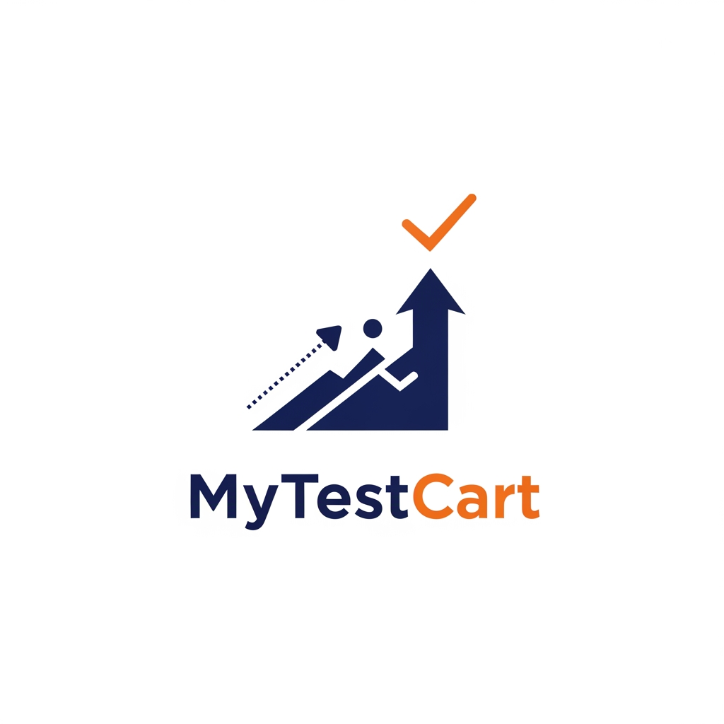 AI Design for Design a professional vector logo for "MyTestCart", a premium exam preparation platform for FMGE and NExT aspirants.

The logo should symbolize preparation, progress, achievement, and success through a clean, intelligent, and memorable visual mark.

Create a unique abstract icon by combining:
- a subtle checkmark
- upward progress
- milestone achievement
- assessment and testing

Avoid literal books, graduation caps, stethoscopes, medical symbols, pencils, clipboards, computer screens, shopping carts, or generic education icons.

The icon should feel iconic and scalable, similar to brands like Linear, Notion, Stripe, Arc Browser, and Duolingo.

Typography should be custom, geometric, modern, and premium, using a font style similar to Satoshi, General Sans, or Inter Display.

Use a balanced combination of deep navy blue and vibrant orange as accent colors.

Flat vector design, clean spacing, strong visual hierarchy, white background, highly professional branding presentation, suitable for web, mobile apps, favicons, dashboards, and marketing materials.

The final logo should feel trustworthy, ambitious, modern, and memorable.