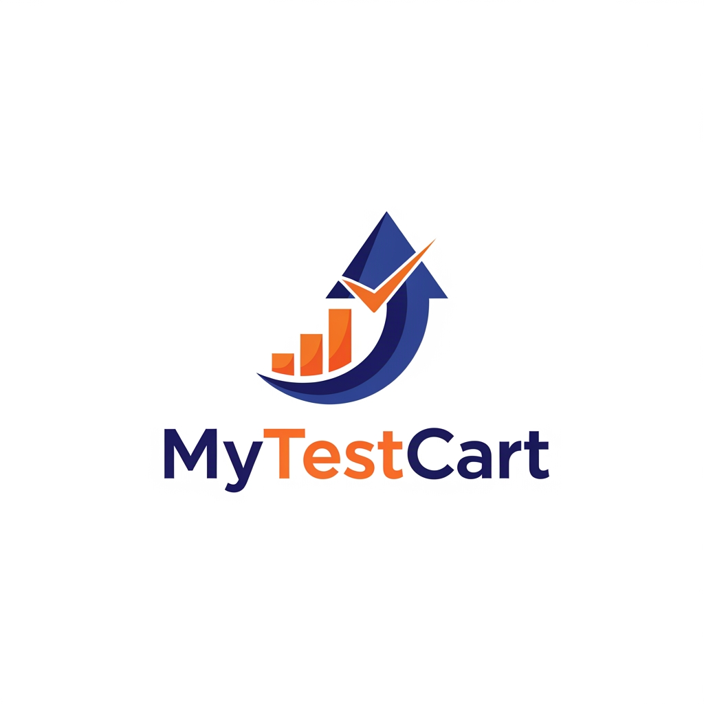 AI Design for Design a professional vector logo for "MyTestCart", a premium exam preparation platform for FMGE and NExT aspirants.

The logo should symbolize preparation, progress, achievement, and success through a clean, intelligent, and memorable visual mark.

Create a unique abstract icon by combining:
- a subtle checkmark
- upward progress
- milestone achievement
- assessment and testing

Avoid literal books, graduation caps, stethoscopes, medical symbols, pencils, clipboards, computer screens, shopping carts, or generic education icons.

The icon should feel iconic and scalable, similar to brands like Linear, Notion, Stripe, Arc Browser, and Duolingo.

Typography should be custom, geometric, modern, and premium, using a font style similar to Satoshi, General Sans, or Inter Display.

Use a balanced combination of deep navy blue and vibrant orange as accent colors.

Flat vector design, clean spacing, strong visual hierarchy, white background, highly professional branding presentation, suitable for web, mobile apps, favicons, dashboards, and marketing materials.

The final logo should feel trustworthy, ambitious, modern, and memorable.