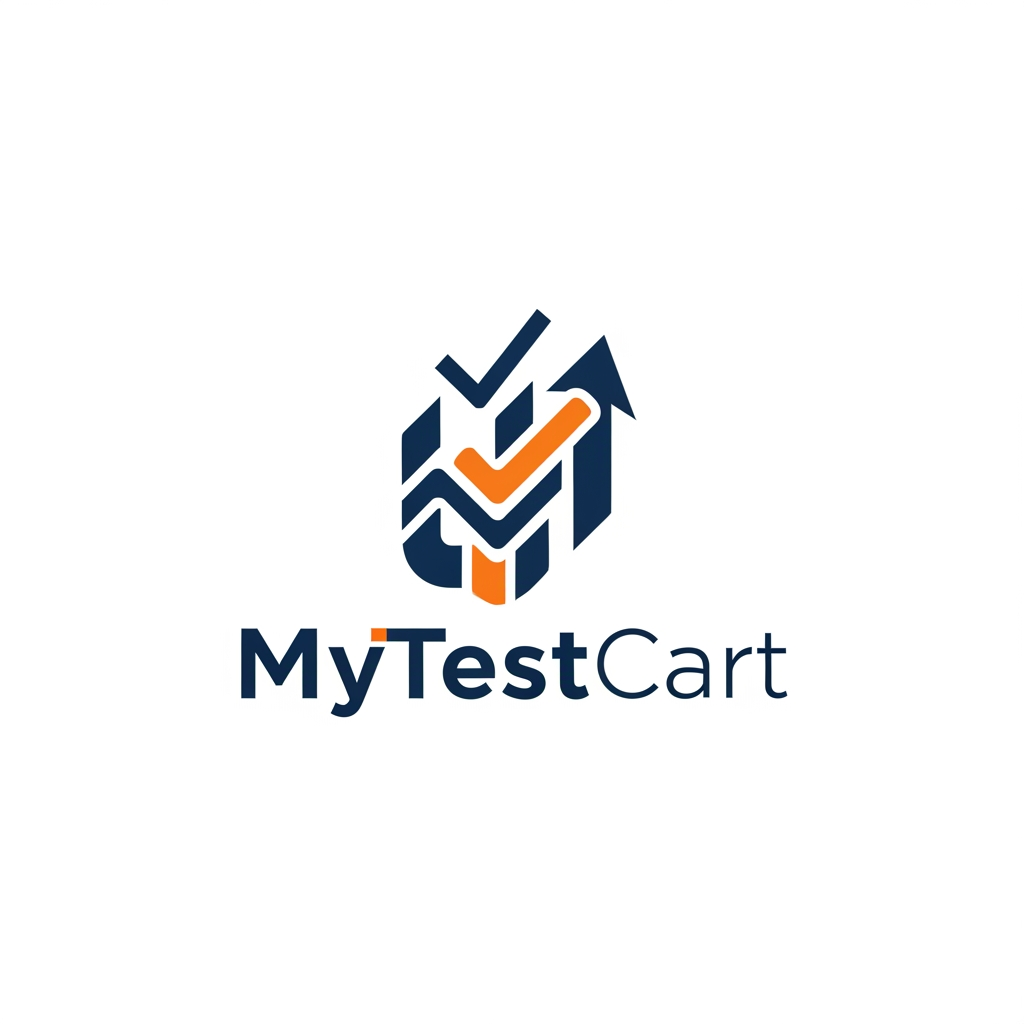 AI Design for Design a professional vector logo for "MyTestCart", a premium exam preparation platform for FMGE and NExT aspirants.

The logo should symbolize preparation, progress, achievement, and success through a clean, intelligent, and memorable visual mark.

Create a unique abstract icon by combining:
- a subtle checkmark
- upward progress
- milestone achievement
- assessment and testing

Avoid literal books, graduation caps, stethoscopes, medical symbols, pencils, clipboards, computer screens, shopping carts, or generic education icons.

The icon should feel iconic and scalable, similar to brands like Linear, Notion, Stripe, Arc Browser, and Duolingo.

Typography should be custom, geometric, modern, and premium, using a font style similar to Satoshi, General Sans, or Inter Display.

Use a balanced combination of deep navy blue and vibrant orange as accent colors.

Flat vector design, clean spacing, strong visual hierarchy, white background, highly professional branding presentation, suitable for web, mobile apps, favicons, dashboards, and marketing materials.

The final logo should feel trustworthy, ambitious, modern, and memorable.