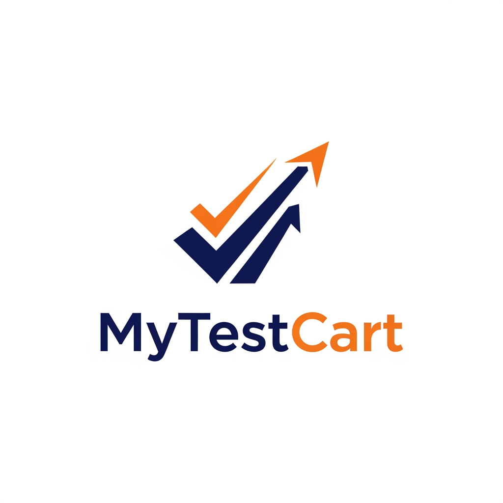 AI Design for Design a professional vector logo for "MyTestCart", a premium exam preparation platform for FMGE and NExT aspirants.

The logo should symbolize preparation, progress, achievement, and success through a clean, intelligent, and memorable visual mark.

Create a unique abstract icon by combining:
- a subtle checkmark
- upward progress
- milestone achievement
- assessment and testing

Avoid literal books, graduation caps, stethoscopes, medical symbols, pencils, clipboards, computer screens, shopping carts, or generic education icons.

The icon should feel iconic and scalable, similar to brands like Linear, Notion, Stripe, Arc Browser, and Duolingo.

Typography should be custom, geometric, modern, and premium, using a font style similar to Satoshi, General Sans, or Inter Display.

Use a balanced combination of deep navy blue and vibrant orange as accent colors.

Flat vector design, clean spacing, strong visual hierarchy, white background, highly professional branding presentation, suitable for web, mobile apps, favicons, dashboards, and marketing materials.

The final logo should feel trustworthy, ambitious, modern, and memorable.