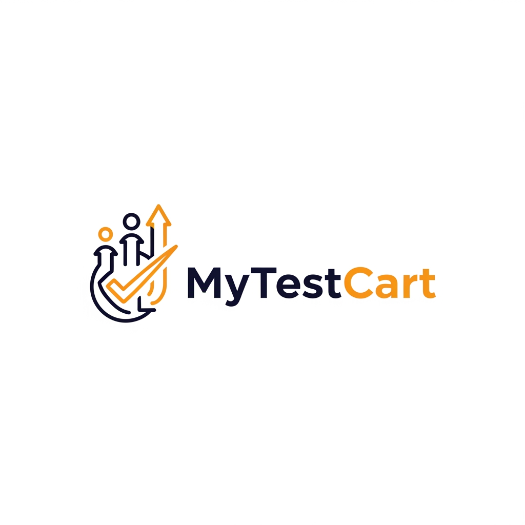 AI Design for Design a professional vector logo for "MyTestCart", a premium exam preparation platform for FMGE and NExT aspirants.

The logo should symbolize preparation, progress, achievement, and success through a clean, intelligent, and memorable visual mark.

Create a unique abstract icon by combining:
- a subtle checkmark
- upward progress
- milestone achievement
- assessment and testing

Avoid literal books, graduation caps, stethoscopes, medical symbols, pencils, clipboards, computer screens, shopping carts, or generic education icons.

The icon should feel iconic and scalable, similar to brands like Linear, Notion, Stripe, Arc Browser, and Duolingo.

Typography should be custom, geometric, modern, and premium, using a font style similar to Satoshi, General Sans, or Inter Display.

Use a balanced combination of deep navy blue and vibrant orange as accent colors.

Flat vector design, clean spacing, strong visual hierarchy, white background, highly professional branding presentation, suitable for web, mobile apps, favicons, dashboards, and marketing materials.

The final logo should feel trustworthy, ambitious, modern, and memorable.