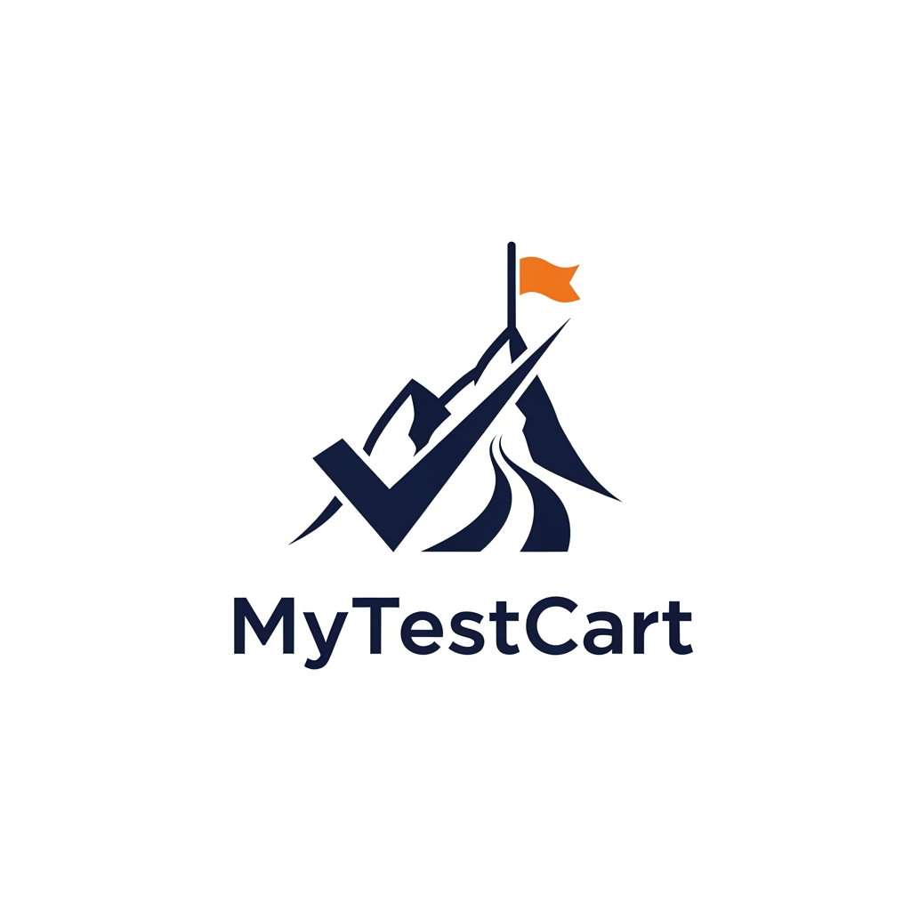 AI Design for Design a premium modern logo for "MyTestCart" inspired by the journey of preparing for and conquering a difficult exam.

Create a unique abstract symbol where a checkmark subtly transforms into a mountain peak or upward path leading to a summit flag.

The icon should represent:
- practice
- progress
- perseverance
- achievement

Avoid educational clichés such as books, pencils, graduation caps, and medical imagery.

Use elegant geometric shapes, smooth curves, and balanced proportions.

Typography should be clean, custom, and sophisticated with excellent kerning and spacing.

Color palette:
- Deep navy blue
- Vibrant orange accent
- White background

The logo should feel like a modern technology company rather than a coaching institute.

Minimalist vector branding style, suitable for app icons, website headers, social media, and product branding.