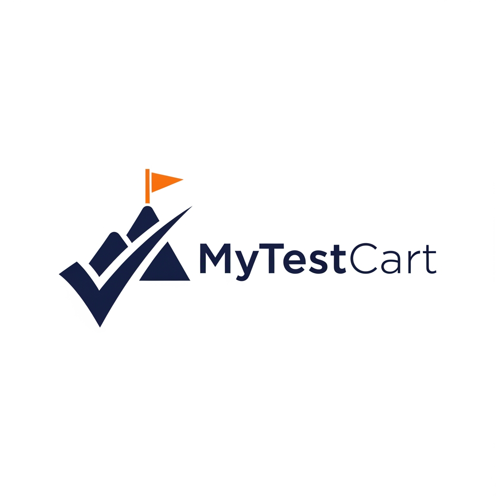 AI Design for Design a premium modern logo for "MyTestCart" inspired by the journey of preparing for and conquering a difficult exam.

Create a unique abstract symbol where a checkmark subtly transforms into a mountain peak or upward path leading to a summit flag.

The icon should represent:
- practice
- progress
- perseverance
- achievement

Avoid educational clichés such as books, pencils, graduation caps, and medical imagery.

Use elegant geometric shapes, smooth curves, and balanced proportions.

Typography should be clean, custom, and sophisticated with excellent kerning and spacing.

Color palette:
- Deep navy blue
- Vibrant orange accent
- White background

The logo should feel like a modern technology company rather than a coaching institute.

Minimalist vector branding style, suitable for app icons, website headers, social media, and product branding.