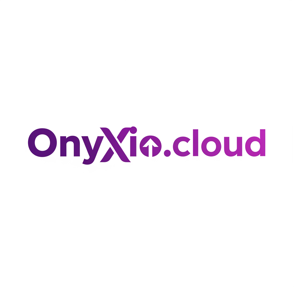 AI Design for A modern logo for 'Onyxio.cloud', heavy bold sans-serif typeface, the letter 'x' stylized with an integrated upward-pointing arrow, professional tech branding, consistent purple gradient on the text, clean and balanced, white background."