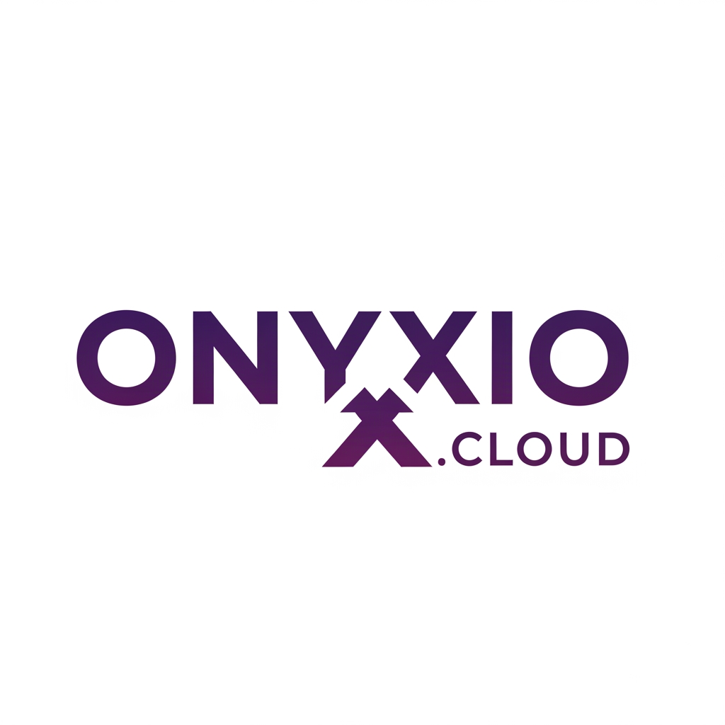 AI Design for A professional, minimalist logo for 'Onyxio.cloud'. Heavy, bold, modern sans-serif typeface. The letter 'x' features a clever negative space upward-pointing arrow in the center. Consistent deep purple to violet gradient on the text. High-end SaaS branding, clean lines, balanced composition, solid white background."