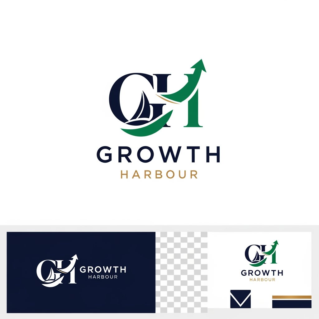 AI Design for Design a premium, modern, and aesthetic logo for a company named "Growth Harbour". The logo should symbolize business growth, innovation, digital transformation, success, and reliability. Create a unique icon that subtly combines elements of a harbor, upward growth, navigation, and progress. Use clean geometric shapes, minimalist design principles, and a sophisticated corporate style.
Color palette: deep navy blue, emerald green, and subtle gold accents to represent trust, growth, and excellence.
Typography: modern sans-serif font, elegant and professional, with perfect spacing and strong brand presence.
Style: minimalist, futuristic, premium, scalable, memorable, and suitable for an IT company, digital agency, consulting firm, or technology brand.
Visual characteristics: flat vector design, balanced composition, negative space techniques, sharp lines, clean edges, high contrast, timeless branding.
Background: white and transparent versions.
Deliverables: logo icon, horizontal logo, vertical logo, monochrome version, favicon version, and brand mark.
Ultra-clean vector logo, award-winning branding, professional corporate identity, high-end startup aesthetic, Behance-quality design, Dribbble-worthy presentation, 4K resolution.
Alternative Creative Version
Create a luxury logo for Growth Harbour featuring a stylized "G" and "H" merged into a modern growth symbol. Integrate an upward arrow, sail, lighthouse, or harbor-inspired shape using elegant negative space. The design should communicate growth, stability, leadership, and innovation. Minimalist vector style, premium corporate branding, navy blue and emerald green palette, modern sans-serif typography, clean white background, highly memorable and scalable for digital and print applications.