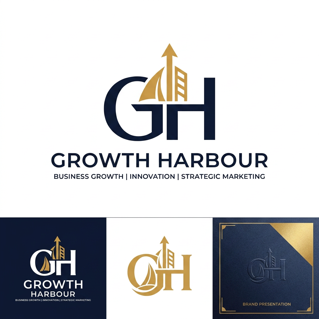 AI Design for Create a luxury logo for "Growth Harbour", representing business growth, innovation, and strategic marketing. Incorporate an abstract harbor symbol merging with an upward arrow or sail shape. Elegant sans-serif typography, premium visual identity, minimal yet powerful, modern corporate branding, deep navy, gold accents, and white color palette. Flat vector logo, clean lines, timeless design, Fortune 500 brand style, high-end creative agency aesthetic, professional logo presentation.