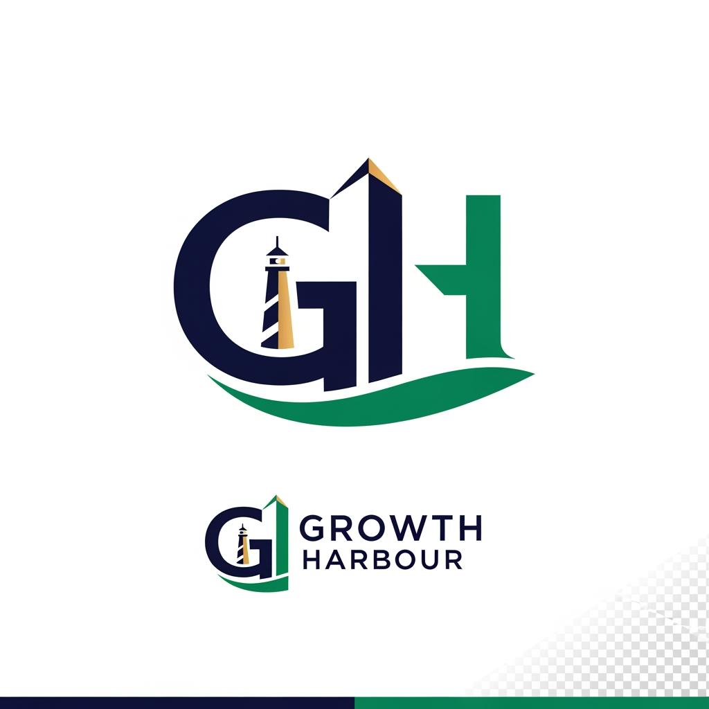AI Design for Design a premium, modern, and aesthetic logo for a company named "Growth Harbour". The logo should symbolize business growth, innovation, digital transformation, success, and reliability. Create a unique icon that subtly combines elements of a harbor, upward growth, navigation, and progress. Use clean geometric shapes, minimalist design principles, and a sophisticated corporate style.
Color palette: deep navy blue, emerald green, and subtle gold accents to represent trust, growth, and excellence.
Typography: modern sans-serif font, elegant and professional, with perfect spacing and strong brand presence.
Style: minimalist, futuristic, premium, scalable, memorable, and suitable for an IT company, digital agency, consulting firm, or technology brand.
Visual characteristics: flat vector design, balanced composition, negative space techniques, sharp lines, clean edges, high contrast, timeless branding.
Background: white and transparent versions.
Deliverables: logo icon, horizontal logo, vertical logo, monochrome version, favicon version, and brand mark.
Ultra-clean vector logo, award-winning branding, professional corporate identity, high-end startup aesthetic, Behance-quality design, Dribbble-worthy presentation, 4K resolution.
Alternative Creative Version
Create a luxury logo for Growth Harbour featuring a stylized "G" and "H" merged into a modern growth symbol. Integrate an upward arrow, sail, lighthouse, or harbor-inspired shape using elegant negative space. The design should communicate growth, stability, leadership, and innovation. Minimalist vector style, premium corporate branding, navy blue and emerald green palette, modern sans-serif typography, clean white background, highly memorable and scalable for digital and print applications.