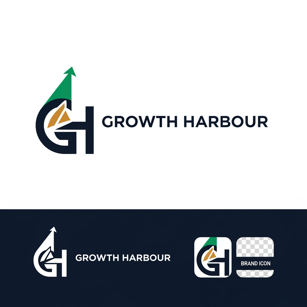 AI Design for Design a premium, modern, and aesthetic logo for a company named "Growth Harbour". The logo should symbolize business growth, innovation, digital transformation, success, and reliability. Create a unique icon that subtly combines elements of a harbor, upward growth, navigation, and progress. Use clean geometric shapes, minimalist design principles, and a sophisticated corporate style.
Color palette: deep navy blue, emerald green, and subtle gold accents to represent trust, growth, and excellence.
Typography: modern sans-serif font, elegant and professional, with perfect spacing and strong brand presence.
Style: minimalist, futuristic, premium, scalable, memorable, and suitable for an IT company, digital agency, consulting firm, or technology brand.
Visual characteristics: flat vector design, balanced composition, negative space techniques, sharp lines, clean edges, high contrast, timeless branding.
Background: white and transparent versions.
Deliverables: logo icon, horizontal logo, vertical logo, monochrome version, favicon version, and brand mark.
Ultra-clean vector logo, award-winning branding, professional corporate identity, high-end startup aesthetic, Behance-quality design, Dribbble-worthy presentation, 4K resolution.
Alternative Creative Version
Create a luxury logo for Growth Harbour featuring a stylized "G" and "H" merged into a modern growth symbol. Integrate an upward arrow, sail, lighthouse, or harbor-inspired shape using elegant negative space. The design should communicate growth, stability, leadership, and innovation. Minimalist vector style, premium corporate branding, navy blue and emerald green palette, modern sans-serif typography, clean white background, highly memorable and scalable for digital and print applications.