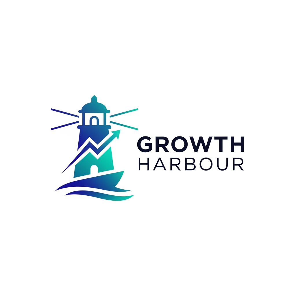 AI Design for Design an innovative logo for "Growth Harbour", a creative advertising and digital marketing agency. Create a unique symbol that blends a lighthouse, upward graph, and harbor elements into a single modern icon. Minimalist vector style, strong brand recognition, sleek typography, futuristic yet professional appearance, blue and teal gradient accents, clean white background, modern agency branding, highly memorable and scalable logo, Behance and Dribbble quality.