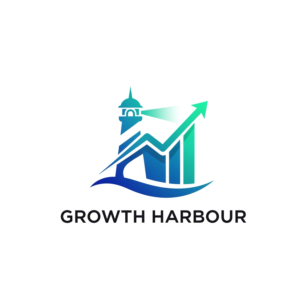 AI Design for Design an innovative logo for "Growth Harbour", a creative advertising and digital marketing agency. Create a unique symbol that blends a lighthouse, upward graph, and harbor elements into a single modern icon. Minimalist vector style, strong brand recognition, sleek typography, futuristic yet professional appearance, blue and teal gradient accents, clean white background, modern agency branding, highly memorable and scalable logo, Behance and Dribbble quality.