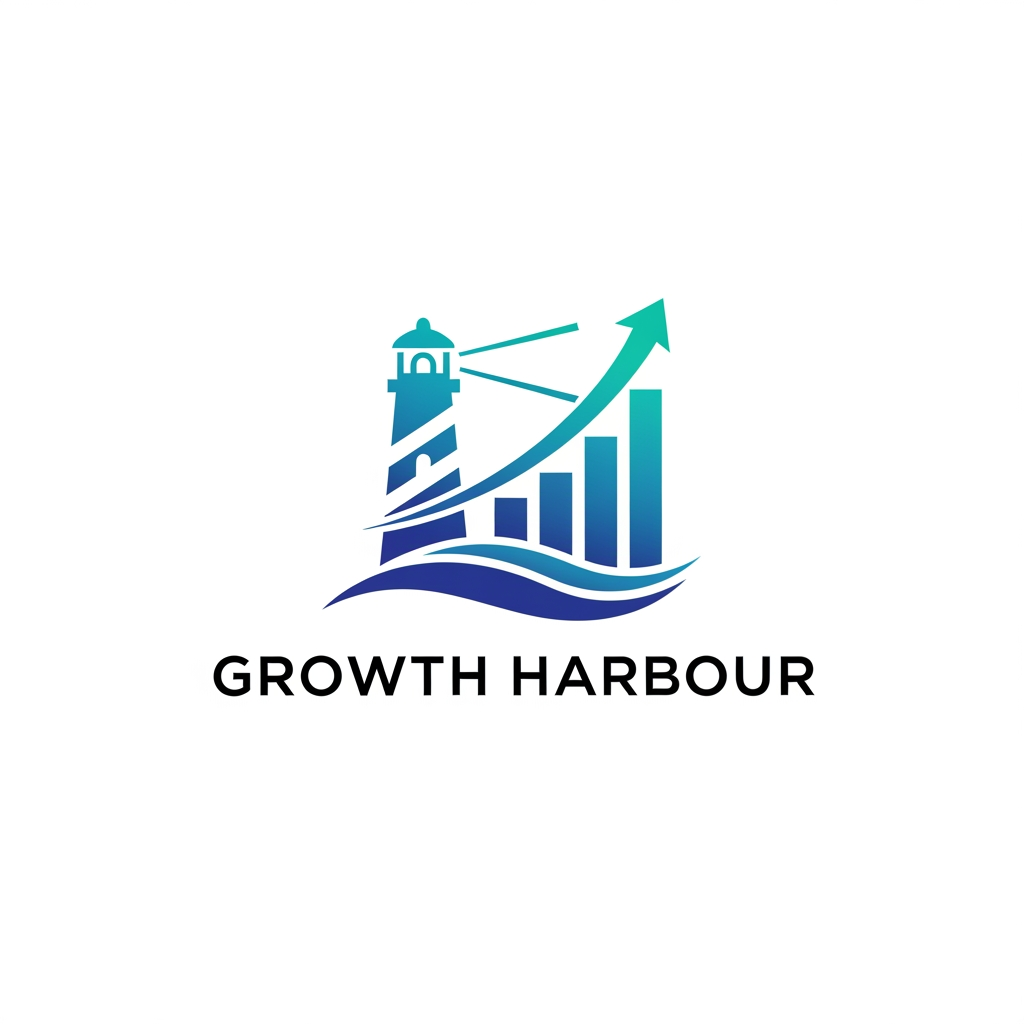AI Design for Design an innovative logo for "Growth Harbour", a creative advertising and digital marketing agency. Create a unique symbol that blends a lighthouse, upward graph, and harbor elements into a single modern icon. Minimalist vector style, strong brand recognition, sleek typography, futuristic yet professional appearance, blue and teal gradient accents, clean white background, modern agency branding, highly memorable and scalable logo, Behance and Dribbble quality.