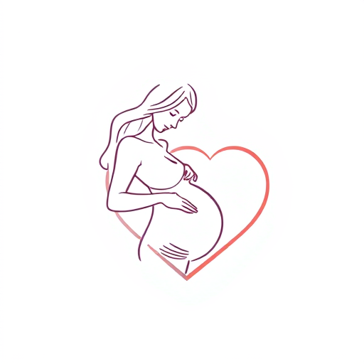AI Design for Line art logo featuring a pregnant woman with slightly thicker, smooth, and continuous lines for a bold and clean look. The woman is shown gazing lovingly at her baby bump, with her face angled downward. A large heart symbol encircles or integrates with the design, emphasizing love and connection. Ensure the artwork maintains a modern, minimalistic style, with soft curves and a nurturing expression.