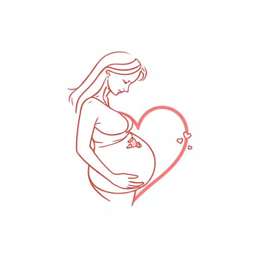 AI Design for Line art logo featuring a pregnant woman with slightly thicker, smooth, and continuous lines for a bold and clean look. The woman is shown gazing lovingly at her baby bump, with her face angled downward. A large heart symbol encircles or integrates with the design, emphasizing love and connection. Ensure the artwork maintains a modern, minimalistic style, with soft curves and a nurturing expression.