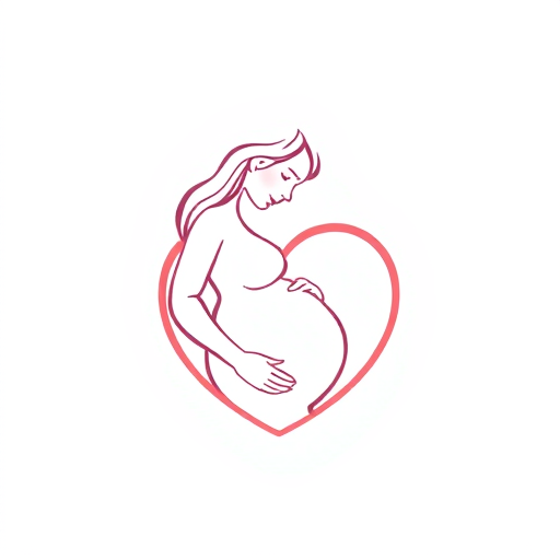 AI Design for Line art logo featuring a pregnant woman with slightly thicker, smooth, and continuous lines for a bold and clean look. The woman is shown gazing lovingly at her baby bump, with her face angled downward. A large heart symbol encircles or integrates with the design, emphasizing love and connection. Ensure the artwork maintains a modern, minimalistic style, with soft curves and a nurturing expression.
