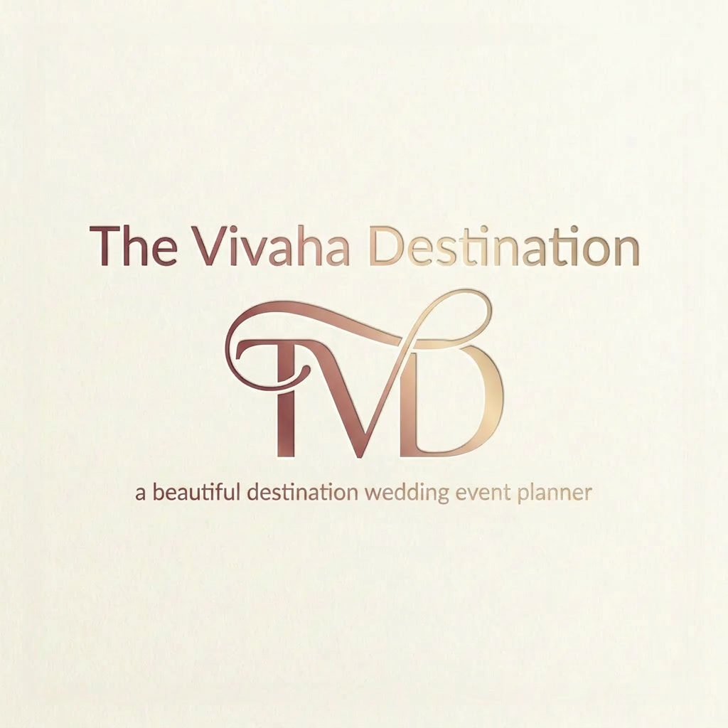 AI Design for A professional and elegant logo design for 'TVD' integrated seamlessly beneath the  text ' The Vivaha Destination. this text move down of TVD and change font style'. and add tag line a beautiful destination wedding event planner small words to used this line  The typography is sleek and modern, featuring a smooth, sophisticated color gradient shifting from deep rose gold to soft champagne gold, set against a clean, minimalist background to emphasize the luxury brand identity. give this image png