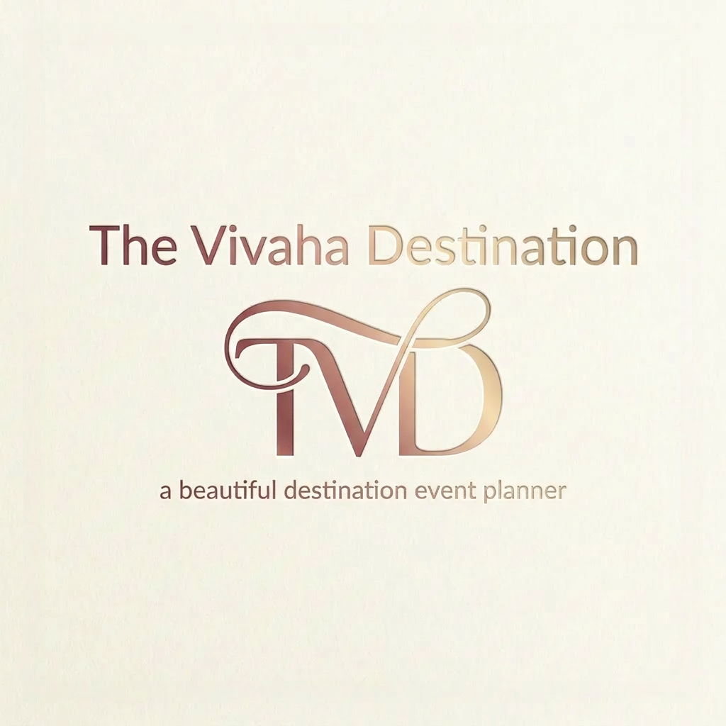 AI Design for A professional and elegant logo design for 'TVD' integrated seamlessly beneath the  text ' The Vivaha Destination'. and add tag line a beautiful destination event planner small words to used this line  The typography is sleek and modern, featuring a smooth, sophisticated color gradient shifting from deep rose gold to soft champagne gold, set against a clean, minimalist background to emphasize the luxury brand identity. give this image png