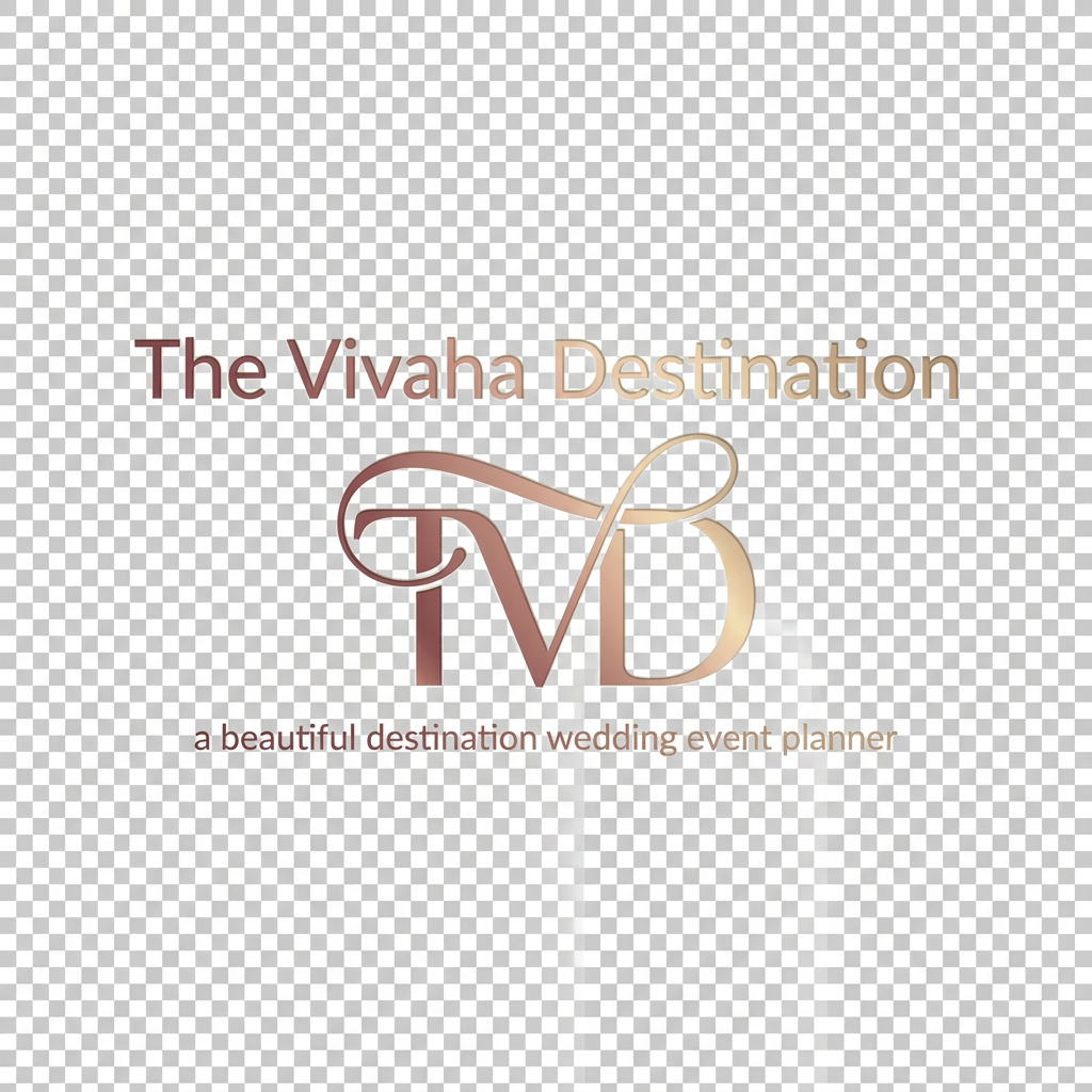 AI Design for A professional and elegant logo design for 'TVD' integrated seamlessly beneath the  text ' The Vivaha Destination'. and add tag line a beautiful destination wedding event planner small words to used this line  The typography is sleek and modern, featuring a smooth, sophisticated color gradient shifting from deep rose gold to soft champagne gold, set against a clean, minimalist background to emphasize the luxury brand identity. give this image png