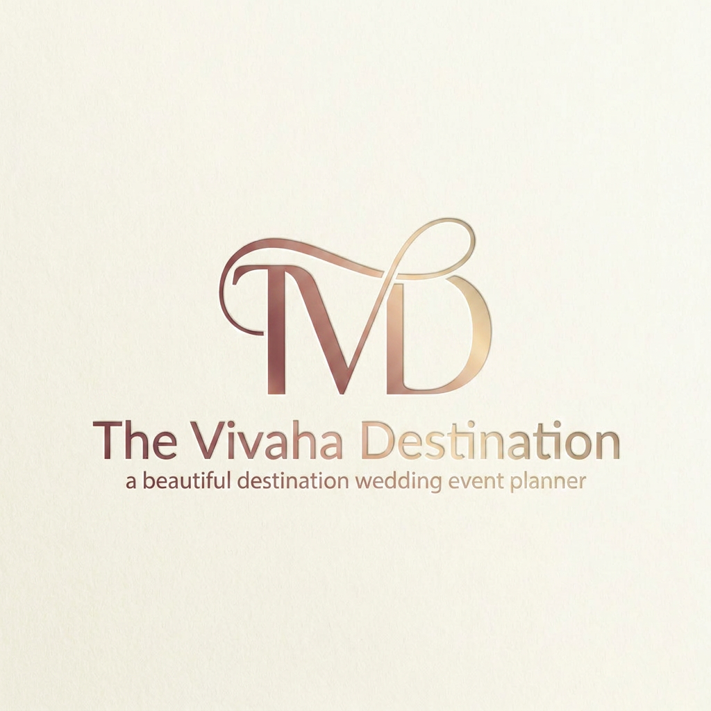 AI Design for A professional and elegant logo design for 'TVD' integrated seamlessly beneath the  text ' The Vivaha Destination. this text move down of TVD and change font style'. and add tag line a beautiful destination wedding event planner small words to used this line  The typography is sleek and modern, featuring a smooth, sophisticated color gradient shifting from deep rose gold to soft champagne gold, set against a clean, minimalist background to emphasize the luxury brand identity. give this image png