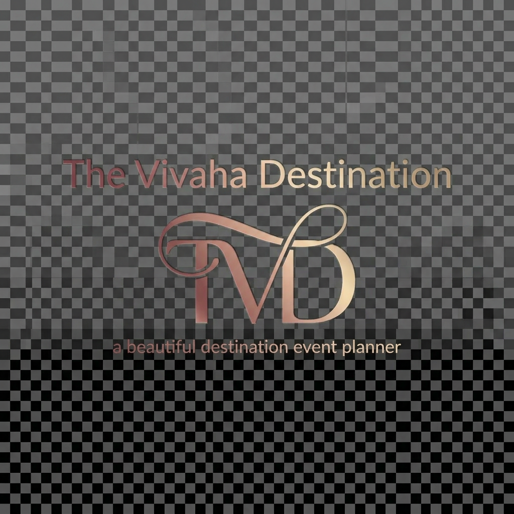 AI Design for A professional and elegant logo design for 'TVD' integrated seamlessly beneath the  text ' The Vivaha Destination'. and add tag line a beautiful destination event planner small words to used this line  The typography is sleek and modern, featuring a smooth, sophisticated color gradient shifting from deep rose gold to soft champagne gold, set against a clean, minimalist background to emphasize the luxury brand identity. give this image png