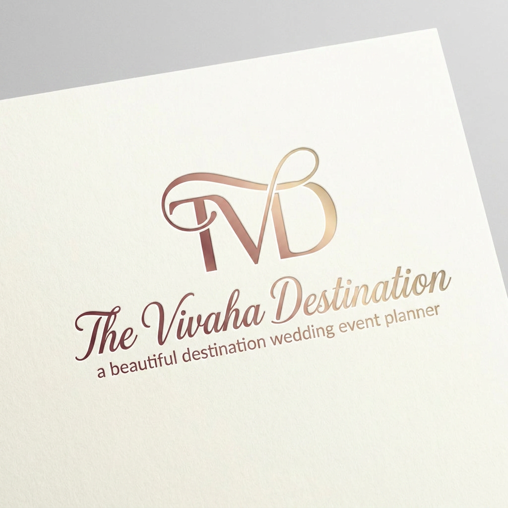 AI Design for A professional and elegant logo design for 'TVD' integrated seamlessly beneath the  text ' The Vivaha Destination. this text move down of TVD and change font style'. and add tag line a beautiful destination wedding event planner small words to used this line  The typography is sleek and modern, featuring a smooth, sophisticated color gradient shifting from deep rose gold to soft champagne gold, set against a clean, minimalist background to emphasize the luxury brand identity. give this image png