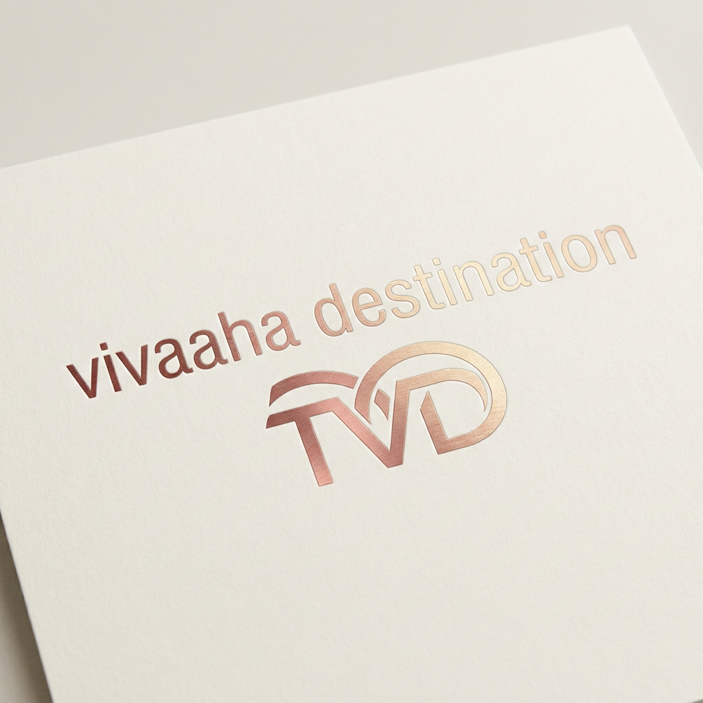 AI Design for A professional and elegant logo design for 'TVD' integrated seamlessly beneath the text 'vivaaha destination'. The typography is sleek and modern, featuring a smooth, sophisticated color gradient shifting from deep rose gold to soft champagne gold, set against a clean, minimalist background to emphasize the luxury brand identity.