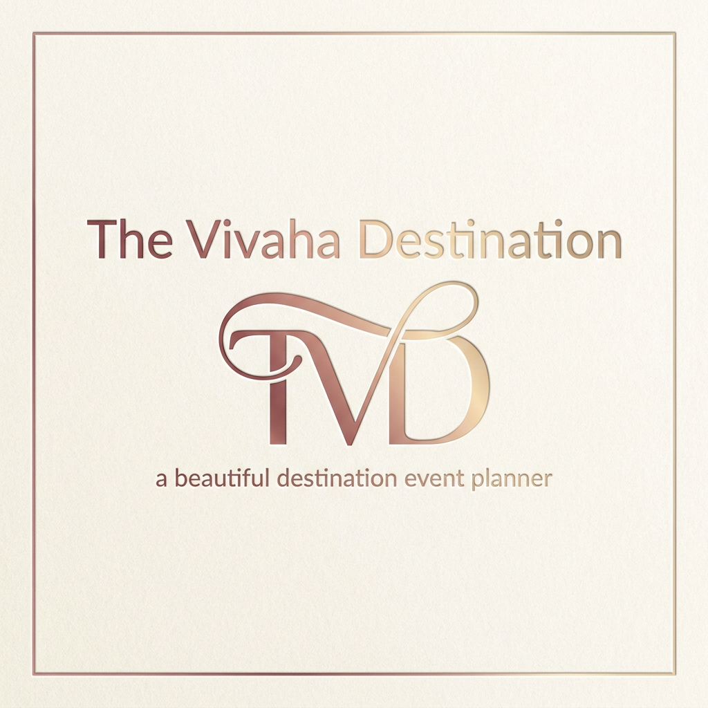 AI Design for A professional and elegant logo design for 'TVD' integrated seamlessly beneath the  text ' The Vivaha Destination'. and add tag line a beautiful destination event planner small words to used this line  The typography is sleek and modern, featuring a smooth, sophisticated color gradient shifting from deep rose gold to soft champagne gold, set against a clean, minimalist background to emphasize the luxury brand identity.