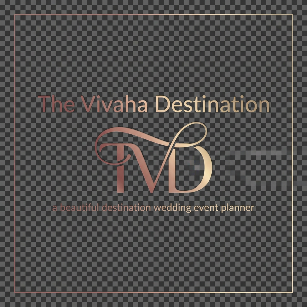 AI Design for A professional and elegant logo design for 'TVD' integrated seamlessly beneath the  text ' The Vivaha Destination'. and add tag line a beautiful destination wedding event planner small words to used this line  The typography is sleek and modern, featuring a smooth, sophisticated color gradient shifting from deep rose gold to soft champagne gold, set against a clean, minimalist background to emphasize the luxury brand identity. give this image png