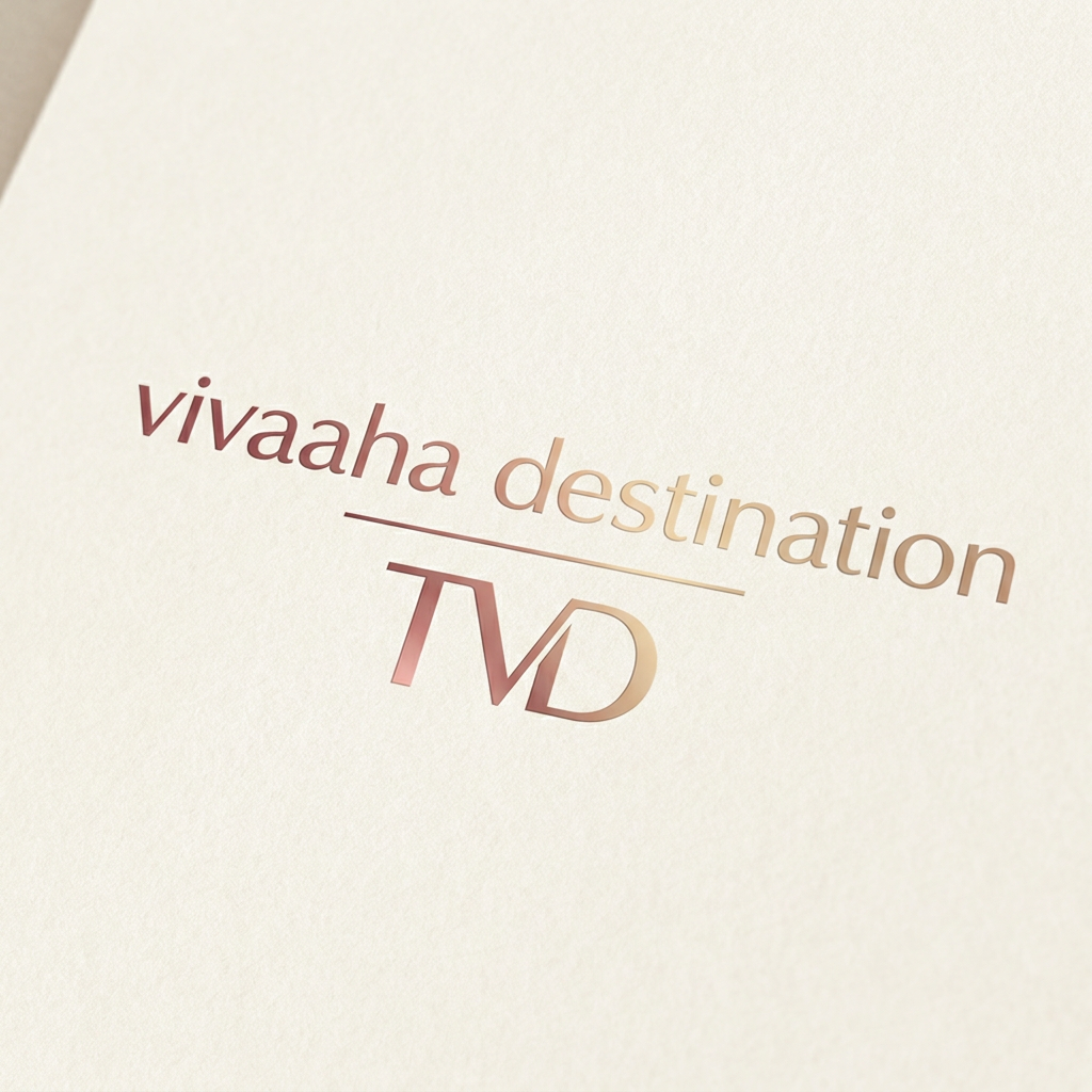 AI Design for A professional and elegant logo design for 'TVD' integrated seamlessly beneath the text 'vivaaha destination'. The typography is sleek and modern, featuring a smooth, sophisticated color gradient shifting from deep rose gold to soft champagne gold, set against a clean, minimalist background to emphasize the luxury brand identity.
