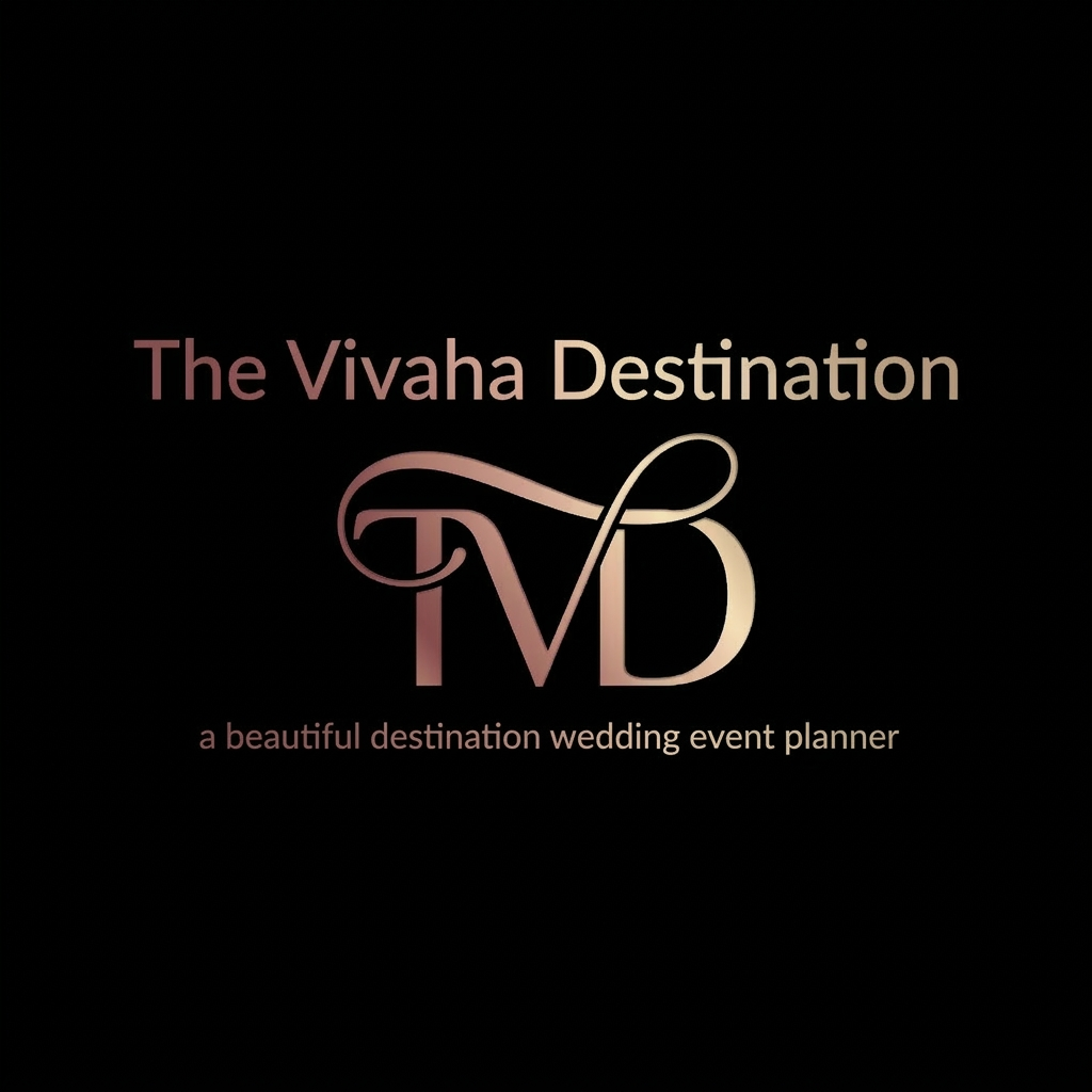 AI Design for A professional and elegant logo design for 'TVD' integrated seamlessly beneath the  text ' The Vivaha Destination. this text move down of TVD'. and add tag line a beautiful destination wedding event planner small words to used this line  The typography is sleek and modern, featuring a smooth, sophisticated color gradient shifting from deep rose gold to soft champagne gold, set against a clean, minimalist background to emphasize the luxury brand identity. give this image png