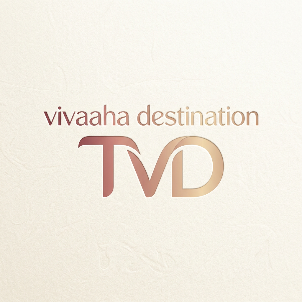 AI Design for A professional and elegant logo design for 'TVD' integrated seamlessly beneath the text 'vivaaha destination'. The typography is sleek and modern, featuring a smooth, sophisticated color gradient shifting from deep rose gold to soft champagne gold, set against a clean, minimalist background to emphasize the luxury brand identity.