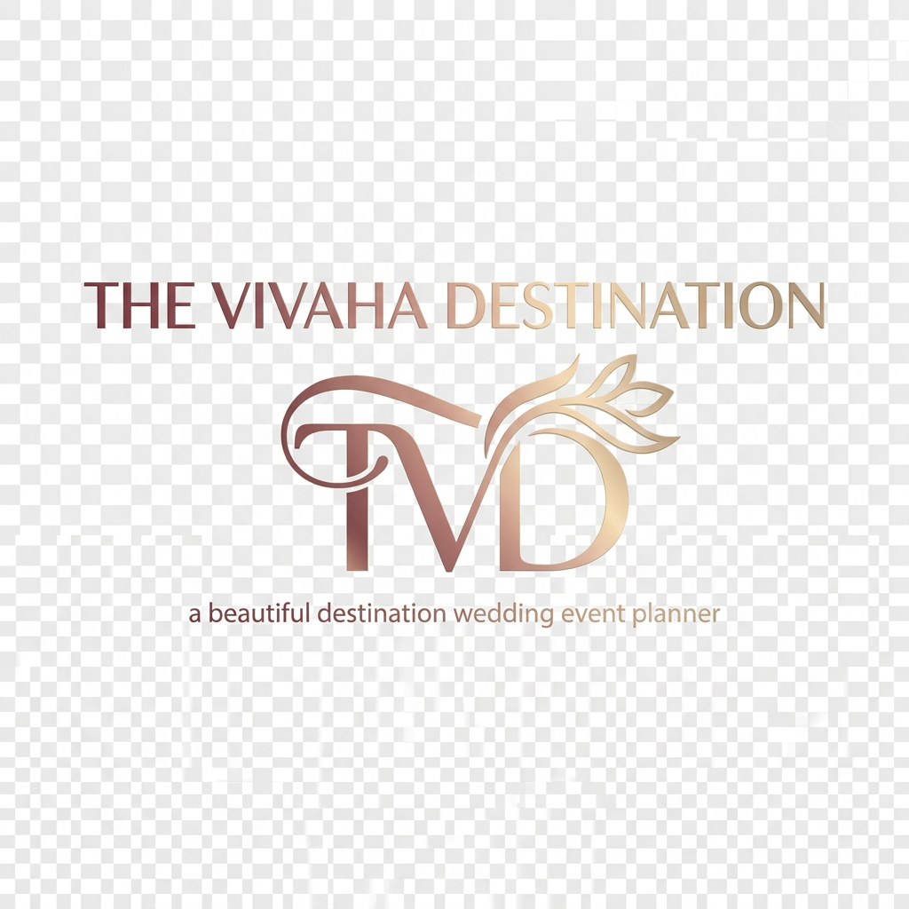 AI Design for A professional and elegant logo design for 'TVD' integrated seamlessly beneath the  text ' The Vivaha Destination. this text move down of TVD'. and add tag line a beautiful destination wedding event planner small words to used this line  The typography is sleek and modern, featuring a smooth, sophisticated color gradient shifting from deep rose gold to soft champagne gold, set against a clean, minimalist background to emphasize the luxury brand identity. give this image png