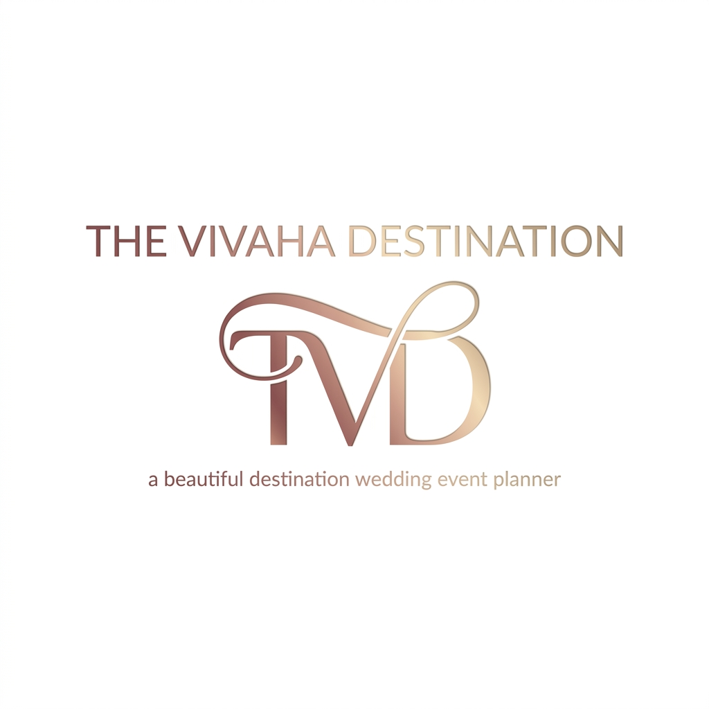 AI Design for A professional and elegant logo design for 'TVD' integrated seamlessly beneath the  text ' The Vivaha Destination. this text move down of TVD'. and add tag line a beautiful destination wedding event planner small words to used this line  The typography is sleek and modern, featuring a smooth, sophisticated color gradient shifting from deep rose gold to soft champagne gold, set against a clean, minimalist background to emphasize the luxury brand identity. give this image png
