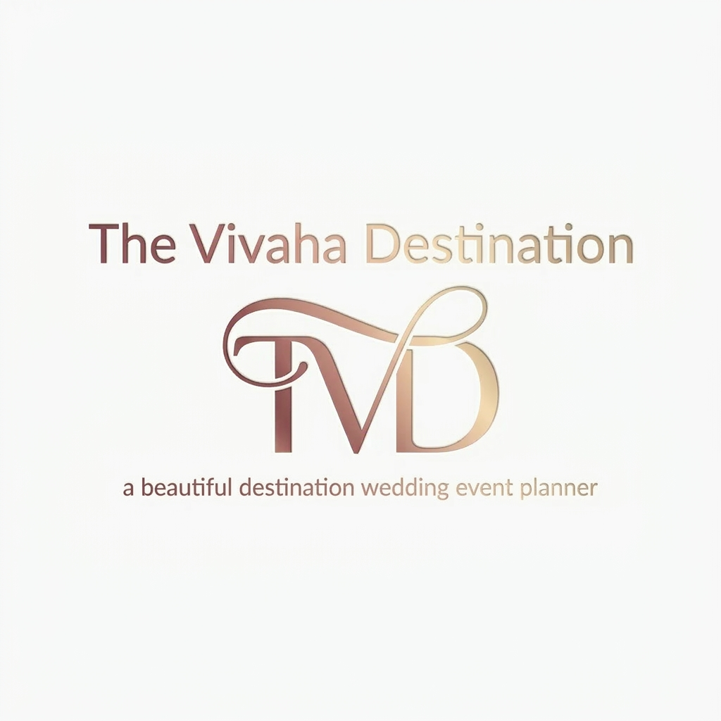 AI Design for A professional and elegant logo design for 'TVD' integrated seamlessly beneath the  text ' The Vivaha Destination'. and add tag line a beautiful destination wedding event planner small words to used this line  The typography is sleek and modern, featuring a smooth, sophisticated color gradient shifting from deep rose gold to soft champagne gold, set against a clean, minimalist background to emphasize the luxury brand identity. give this image png