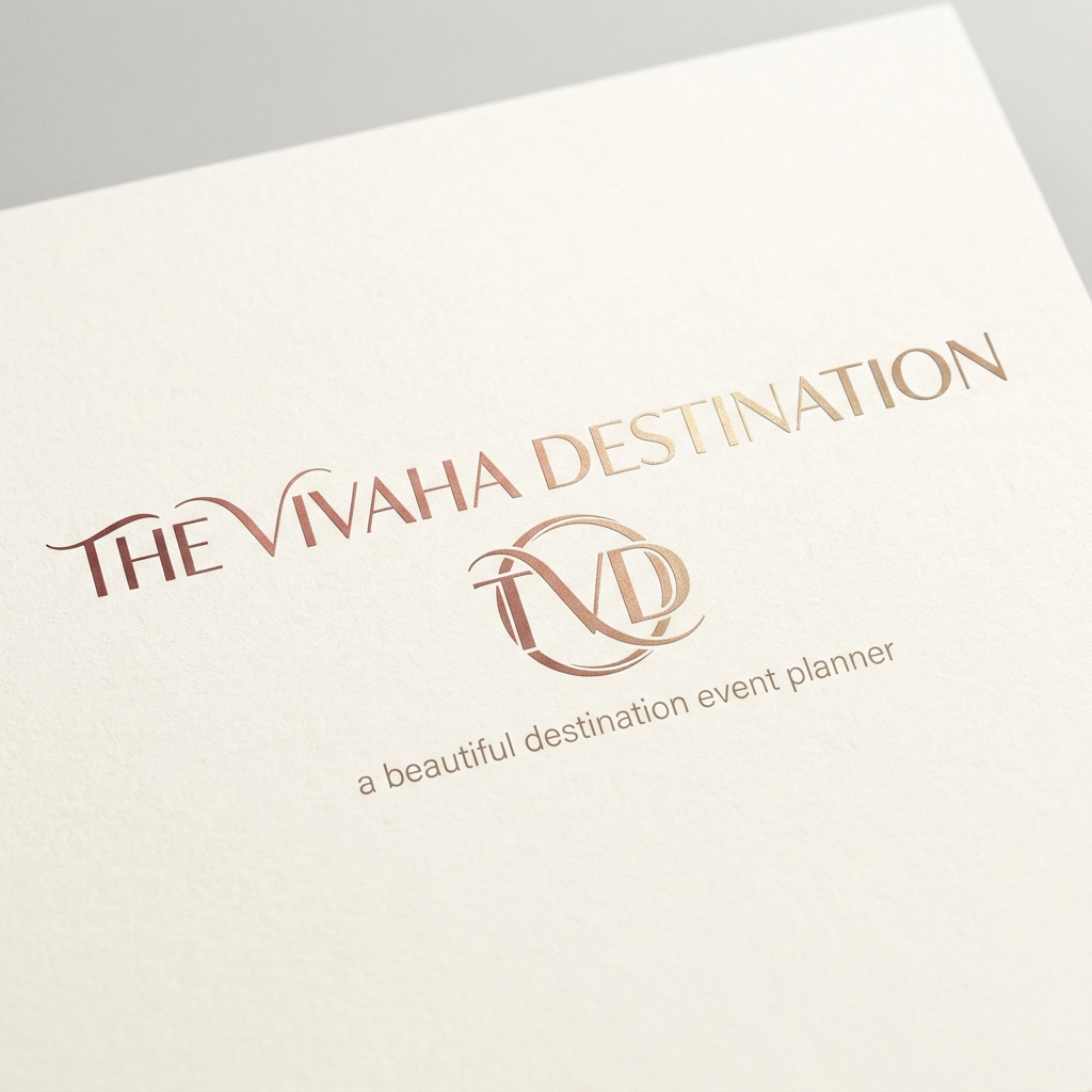 AI Design for A professional and elegant logo design for 'TVD' integrated seamlessly beneath the  text ' The Vivaha Destination'. and add tag line a beautiful destination event planner small words to used this line  The typography is sleek and modern, featuring a smooth, sophisticated color gradient shifting from deep rose gold to soft champagne gold, set against a clean, minimalist background to emphasize the luxury brand identity.
