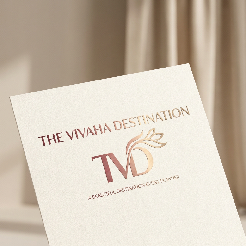 AI Design for A professional and elegant logo design for 'TVD' integrated seamlessly beneath the  text ' The Vivaha Destination'. and add tag line a beautiful destination event planner small words to used this line  The typography is sleek and modern, featuring a smooth, sophisticated color gradient shifting from deep rose gold to soft champagne gold, set against a clean, minimalist background to emphasize the luxury brand identity.
