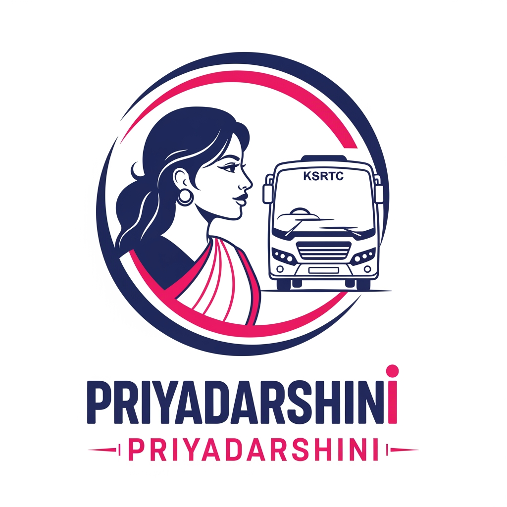 AI Design for Create a clean, modern vector logo for a Kerala government initiative called "Priyadarshini", a free KSRTC transportation scheme for women.
Main Composition
Circular badge logo with an open swoosh frame.
Left side should feature an elegant side-profile silhouette of a young South Indian woman facing right.
Woman should have:
Long flowing hair with smooth curves.
Simple round earring.
Minimal saree drape over the shoulder.
Calm, confident expression.
No facial details except eye, nose, lips, and ear created using simple lines.
Flat vector style with no gradients.
Bus Element
Place a front-view KSRTC bus behind and slightly to the right of the woman.
Bus should be:
Modern and simplified.
White body with navy-blue outlines.
Large windshield.
Small headlights and grille details.
"KSRTC" written on the destination board.
Circular Frame
Add two sweeping arcs around the illustration:
Outer arc: deep navy blue.
Inner arc: bright pink.
Arcs should form an incomplete circle and create a sense of movement.
Typography
Below the icon, write:
പ്രിയദർശിനി
Use bold Malayalam typography.
Main letters in navy blue.
Final character in bright pink.
Below it, write:
PRIYADARSHINI
Uppercase sans-serif font.
Wide letter spacing.
Pink color.
Thin decorative lines on both sides.
Color Palette
Navy Blue: #0B3A7E
Bright Pink: #E83E8C
White background.
Flat colors only, no shadows or 3D effects.
Style
Government initiative logo.
Professional, clean, modern, minimal.
Scalable vector design suitable for posters, buses, websites, and official documents.
High-quality SVG-style branding.